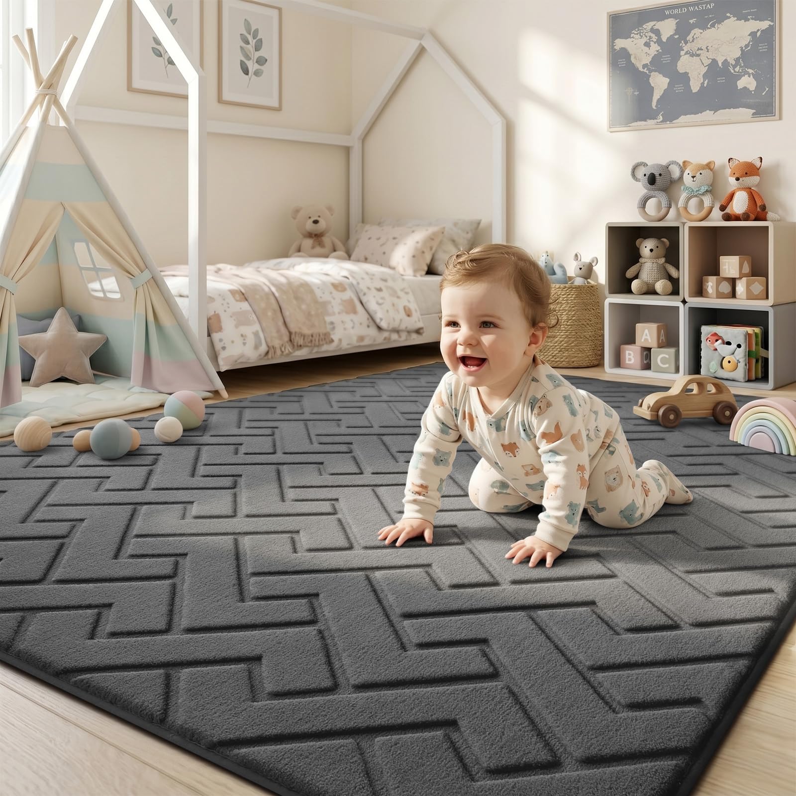 Treeboy Teppich Wohnzimmer 200x300 Waschbarer Teppiche Kinderzimmer Grau | 3D Z-förmiges Hoch-Tief teppiche Gegend, Weich Flauschige Carpet Kurzflor Rutschfester für Schlafzimmer,Kinderzimmer mädchen