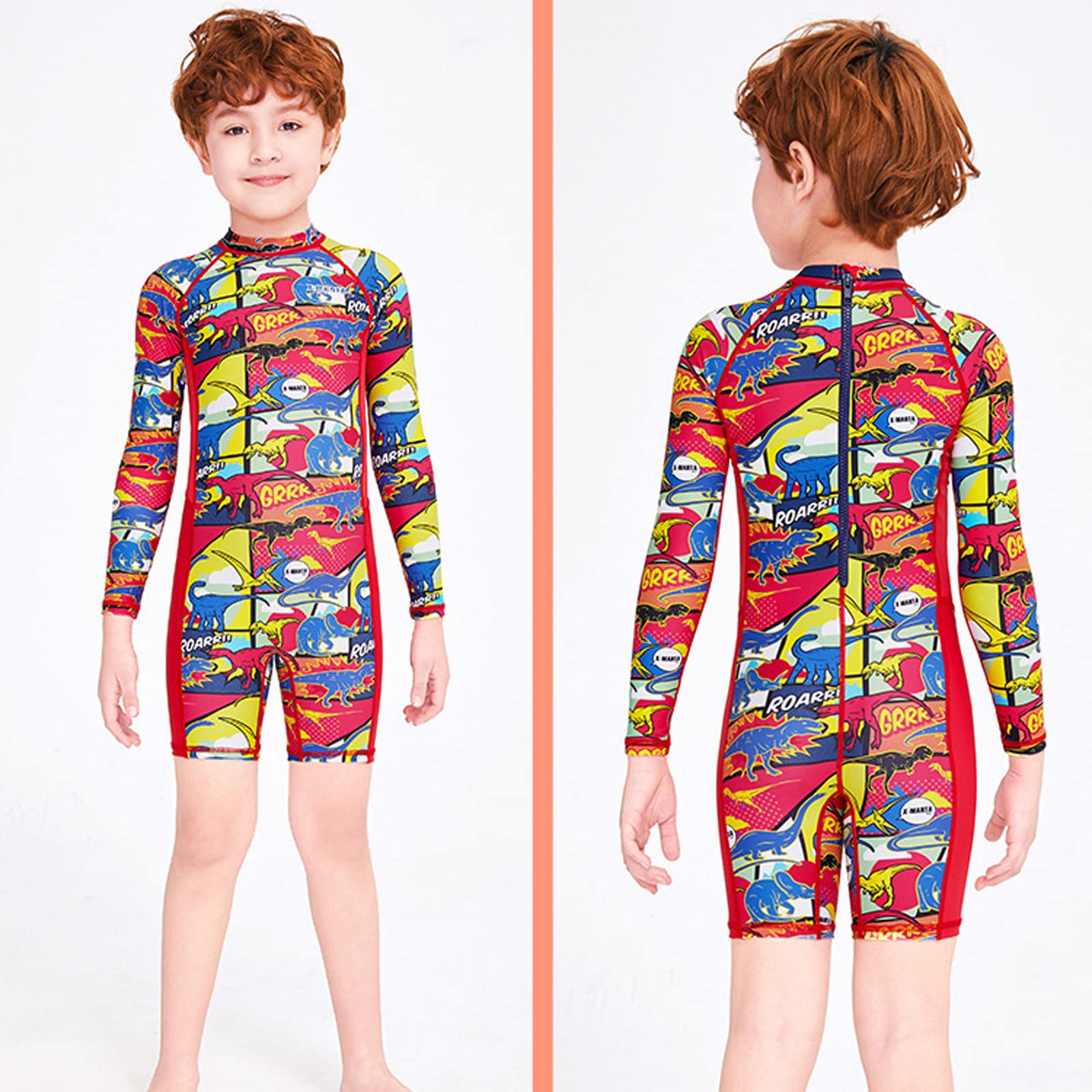 Traje de Neopreno Corto para niños, Trajes de Buceo con Cremallera Trasera de Manga Larga, Traje de baño con protección Solar para niños de 2 a 10 años (Rojo M)