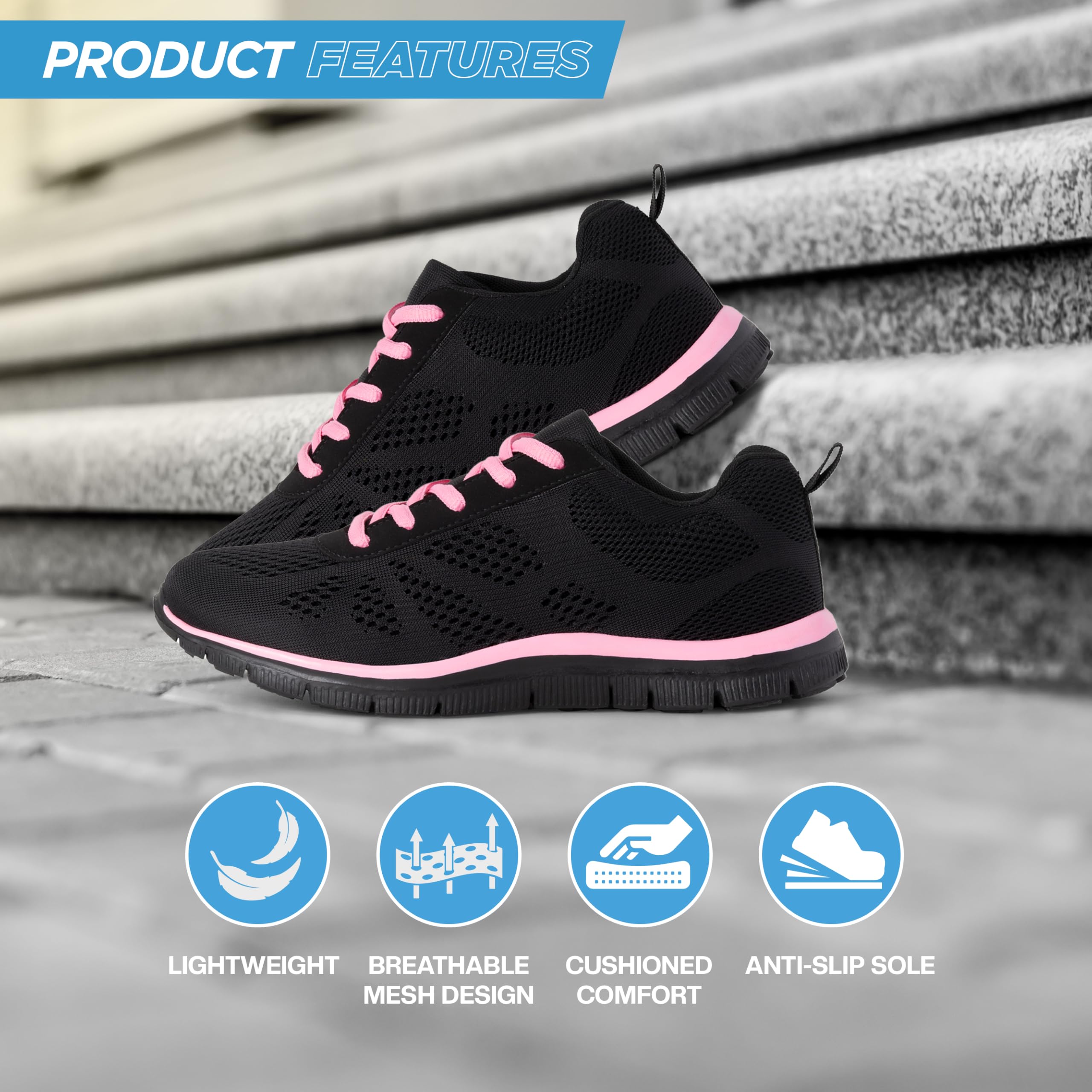 Get Fit Women’s Lightweight Trainers - Breathable Mesh Gym Walking Shoes - Comfortable Lace-Up Fitness Sneakers, Flexible Non-Slip Sole - Black/Pink - UK5/EU38