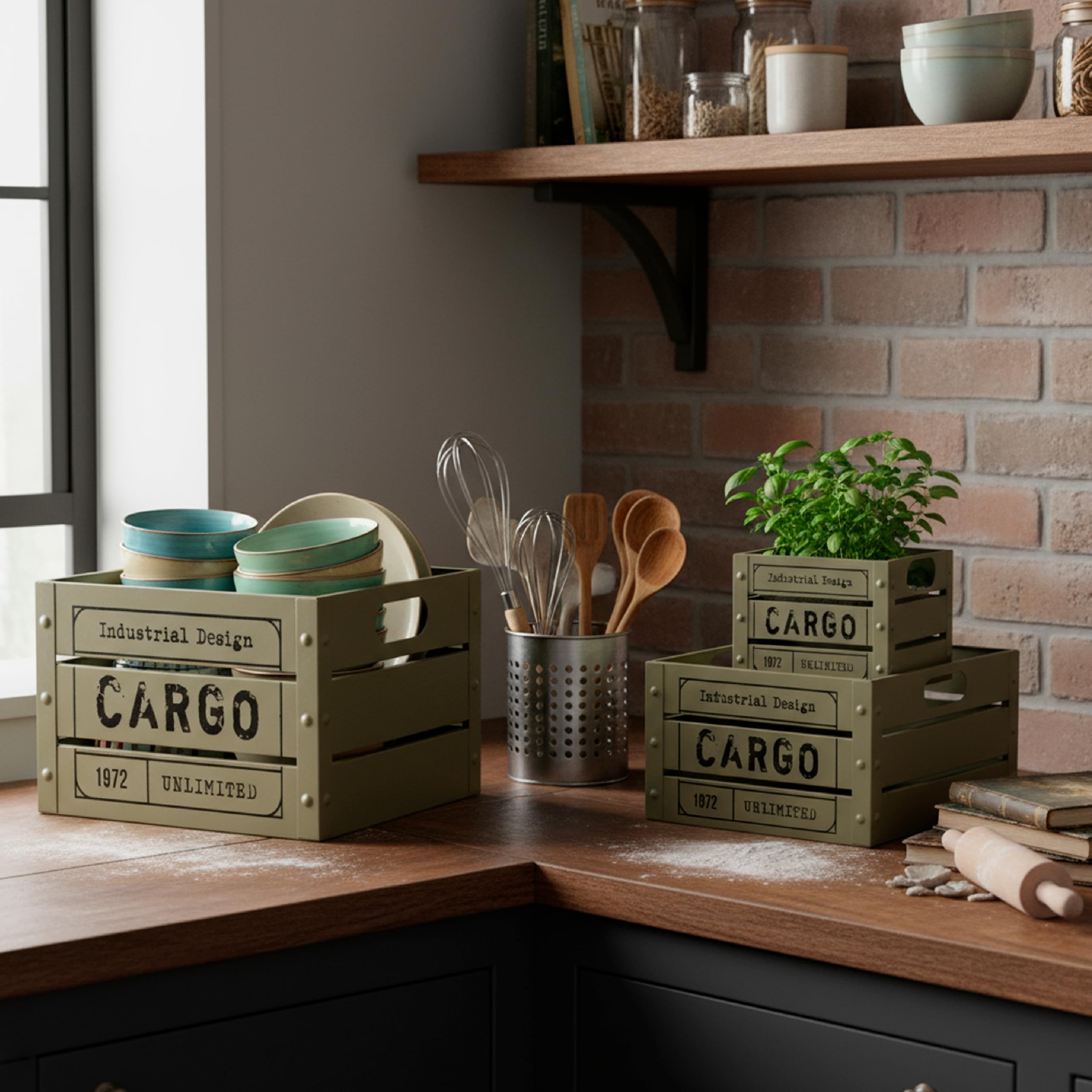 Baroni Home Lot de 3 cassettes vintage fruits et légumes, caisses en métal, style industriel, boîtes polyvalentes empilables pour maison, cuisine, paniers de rangement 26 x 26 x 20 cm carrés taupe