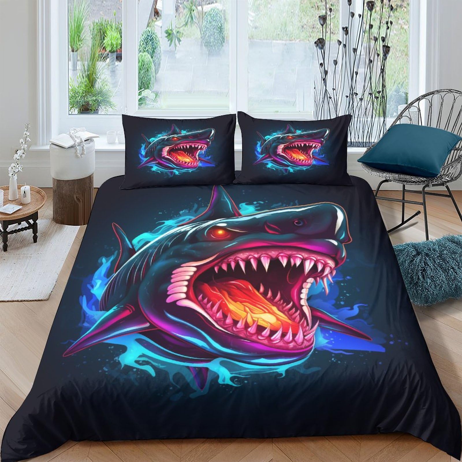 Housse de couette requin 3D microfibre parure de lit zip dissimule