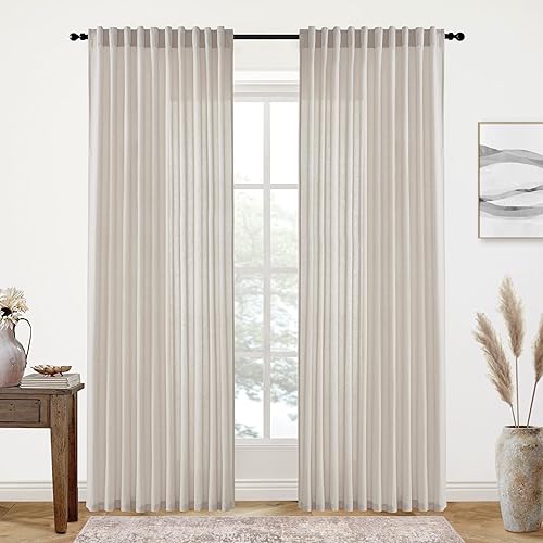 XTMYI 70 Inches Wide Country Curtains for Living Room,Sheer Linen Shabby Chic Curtains for Bedroom Oatmeal 108 Inches Long