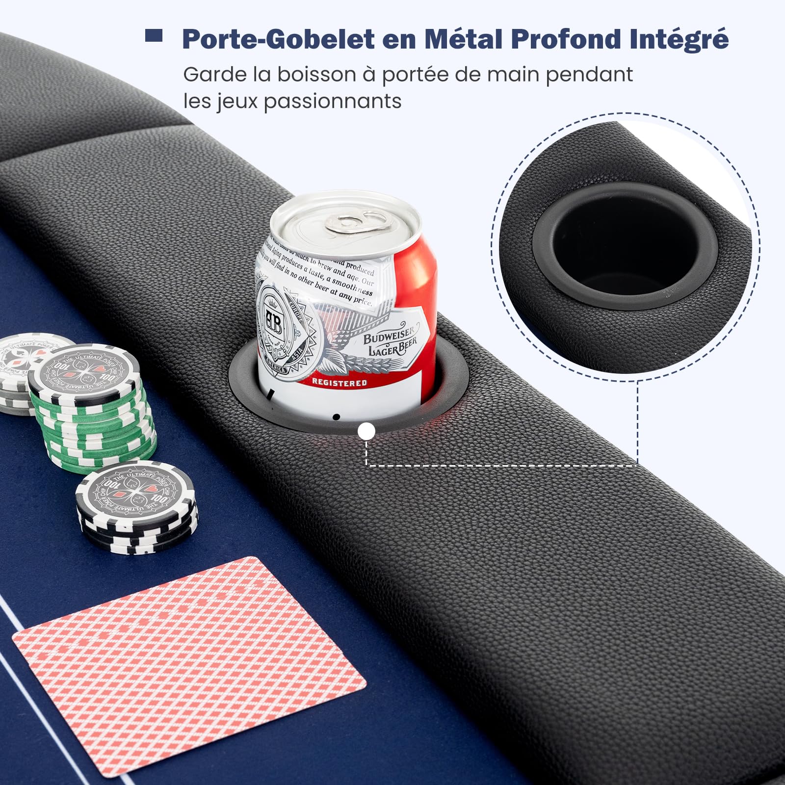 GOPLUS Table de Poker Pliable 8 Joueurs, Table de Jeu de Société 182 cm, 8 Porte-gobelets en Métal, Rampes Rembourrées, Table de Blackjack Texas Hold'em, pour Soirée en Famille (Bleu)