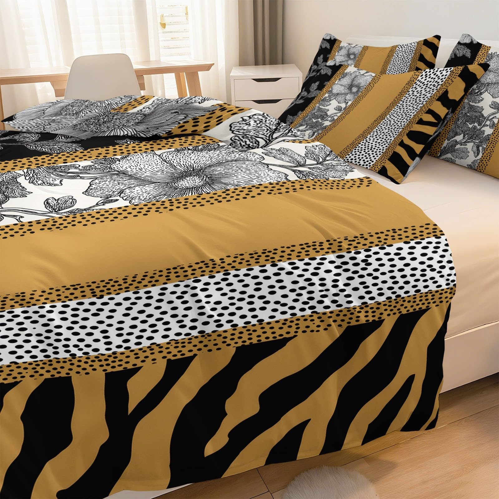 Zestaw pościeli w stylu vintage, 200 x 200 cm, dla chłopców i dziewczynek, w kwiaty, w kropki, miękkie, dwustronne, 3-częściowe poszewki na kołdrę z 2 poszewkami na poduszki, zestawy podwójnych łóżek