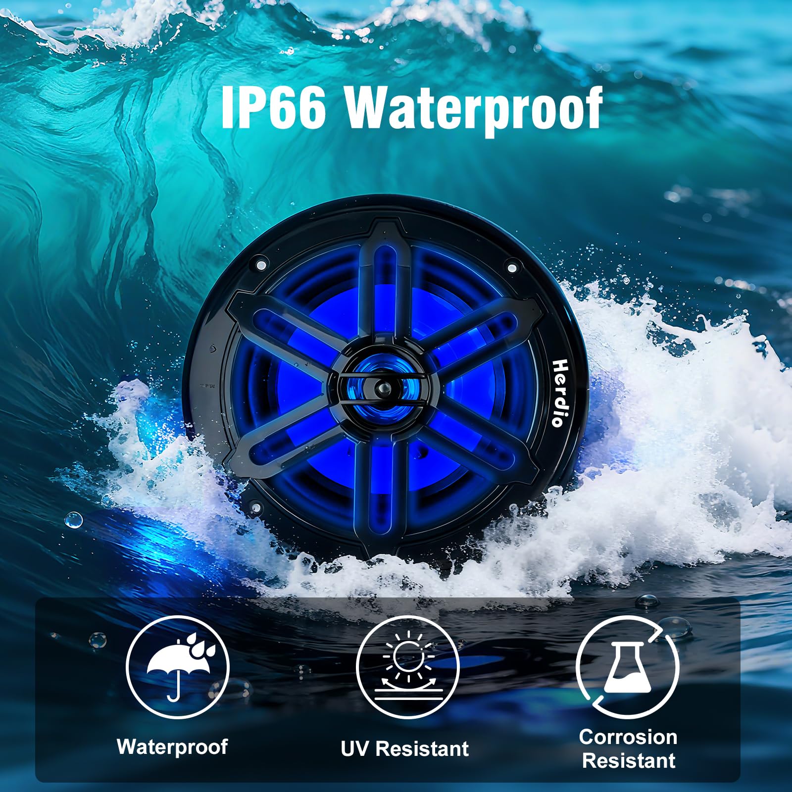 Herdio 5.25" 250W Marine Speakers - IP66 Waterproof Coaxial Audio, with Blue LED Light for Boats, ATVs, UTVs with UV Resistant Black Grille (A Pair)