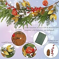 Vista 3 de Guirnalda de Navidad iluminada de 6 pies, guirnalda de Navidad a pilas con luces, guirnalda preiluminada con bolas rojas para interiores, hogar