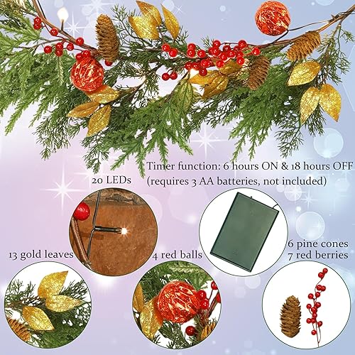 Miniatura 3 de GUOOU Guirnalda de Navidad iluminada de 6 pies, guirnalda de Navidad a pilas con luces, guirnalda preiluminada con bolas rojas para interiores,