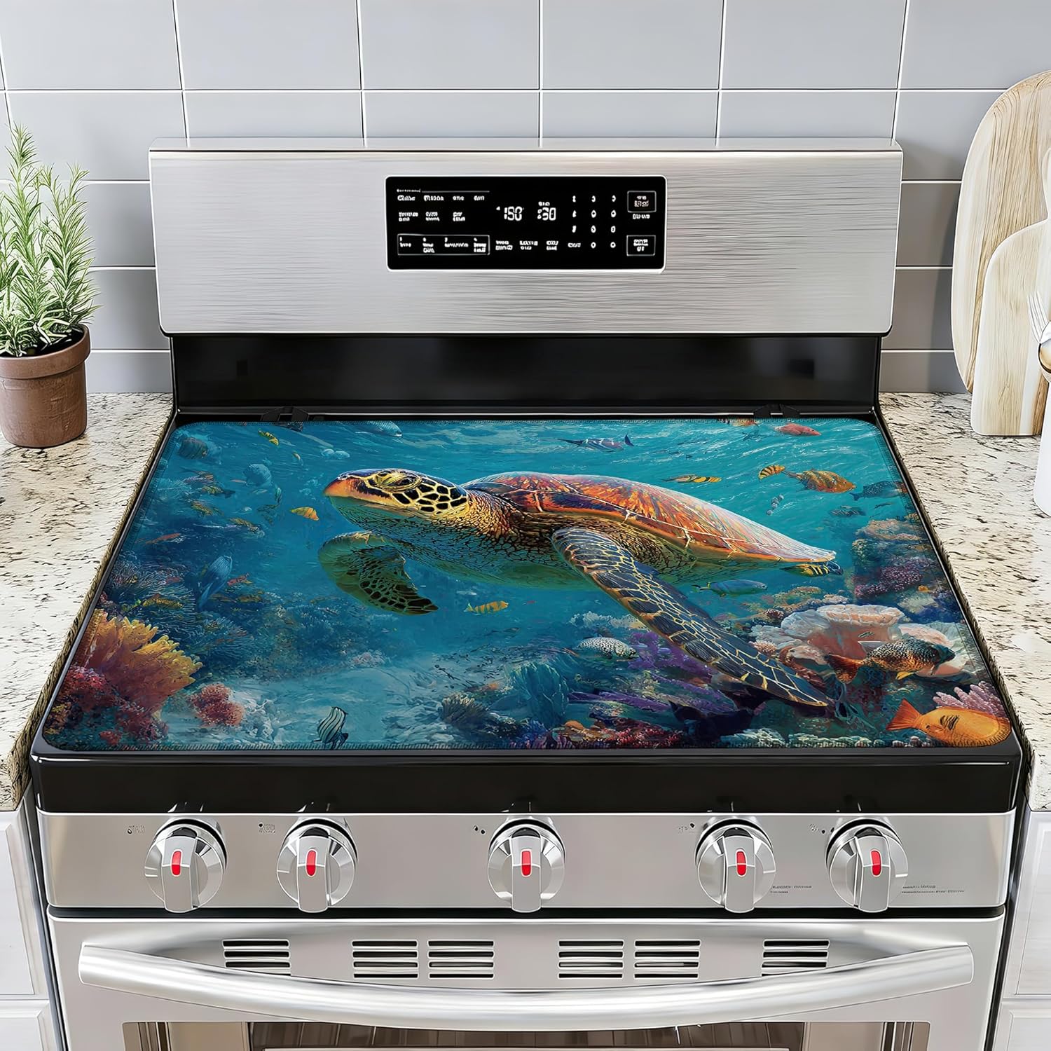 Sea Turtle Swimming Multi-Design Stove Top Covers for Electric Stove, Heat-Resistant Protector Mat, Non-Slip Drying Rack 28"x20" Stove Burner Covers