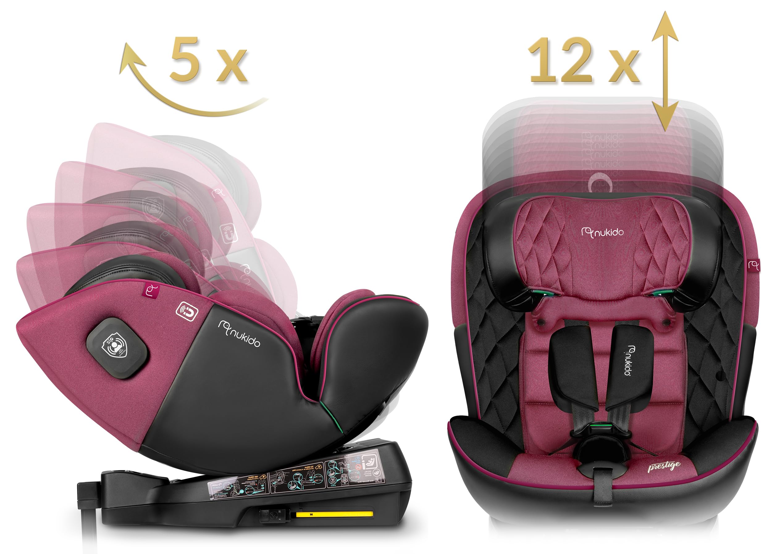 Nukido Kindersitz 360 Drehbar Autositz Kinder Kinderautositz i-Size ISOFIX 5 Punkt Sicherheitsgurt 0-12 Jahre Bis 36 kg Schwarz Rosa Prestige Line
