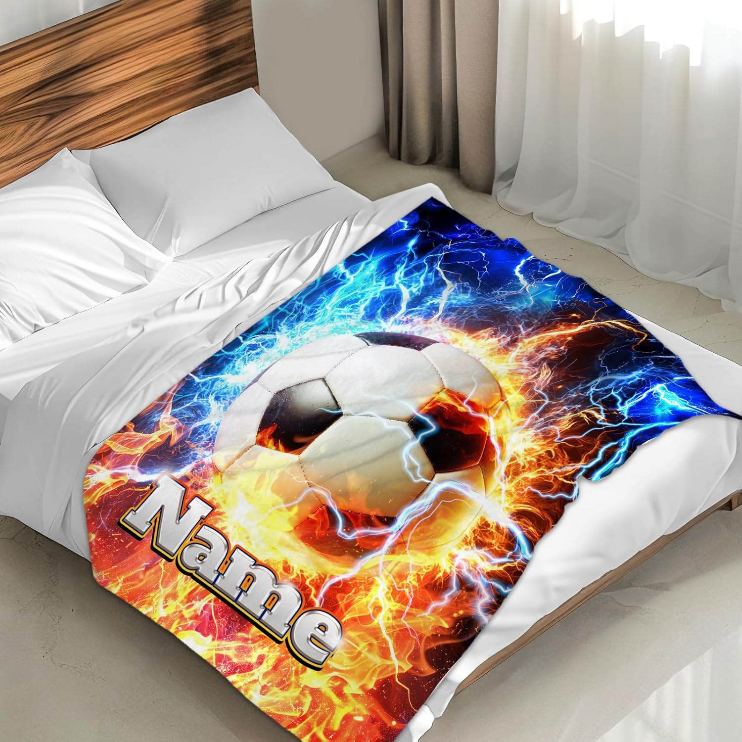 Blankets for Kids Teens Boys 8-12, Custom 60x50 Inches Cozy Plush Lightweight Soccer Theme Throws Gifts Ideas for Soccer Lovers Lightning Decor for Bed Couch