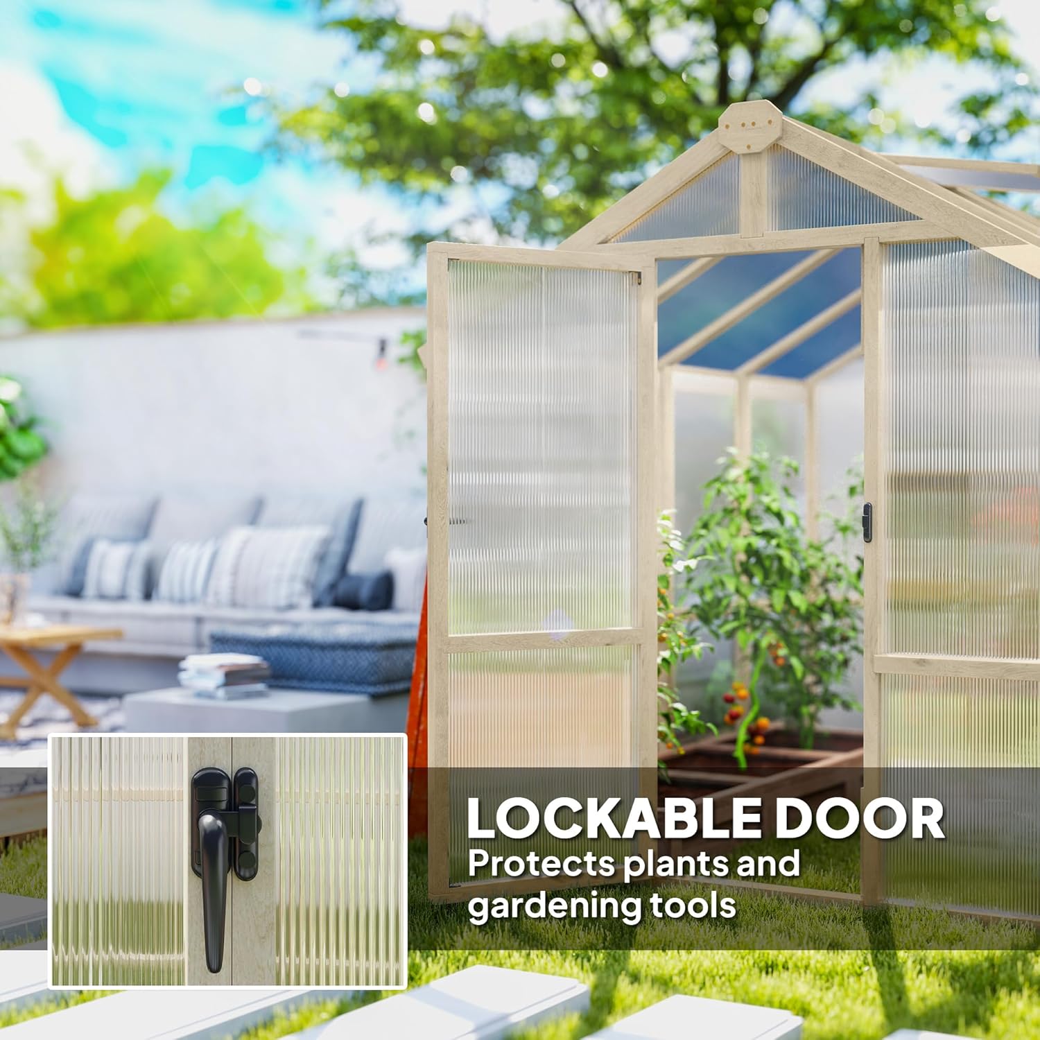 Outsunny 6.6' x 8' Walk-in Polycarbonate Greenhouse with Thickened Panels, Wooden Greenhouse with Lockable Door, Roof Vent for Outdoors, Winter Sunroom for Patio Backyard Garden, Brown