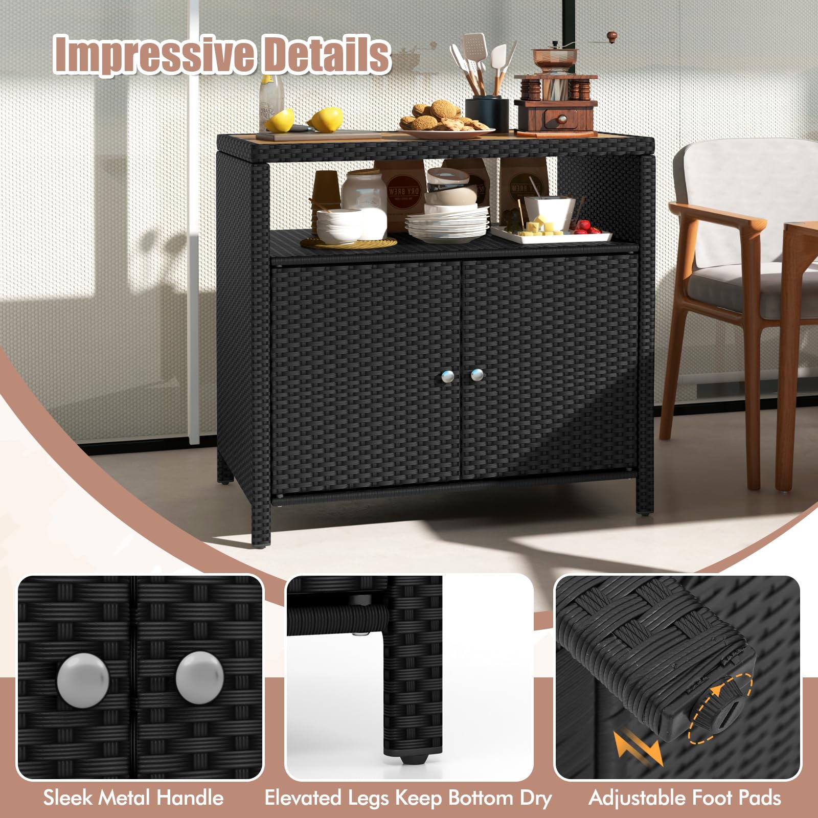 KOMFOTTEU Gartenschrank aus Rattan, Aufbewahrungsschrank Sideboard mit Arbeitsplatte aus Akazienholz, Garten Schuppen mit Doppeltüren, Rattanschrank 90 x 53 x 86 cm (Schwarz)
