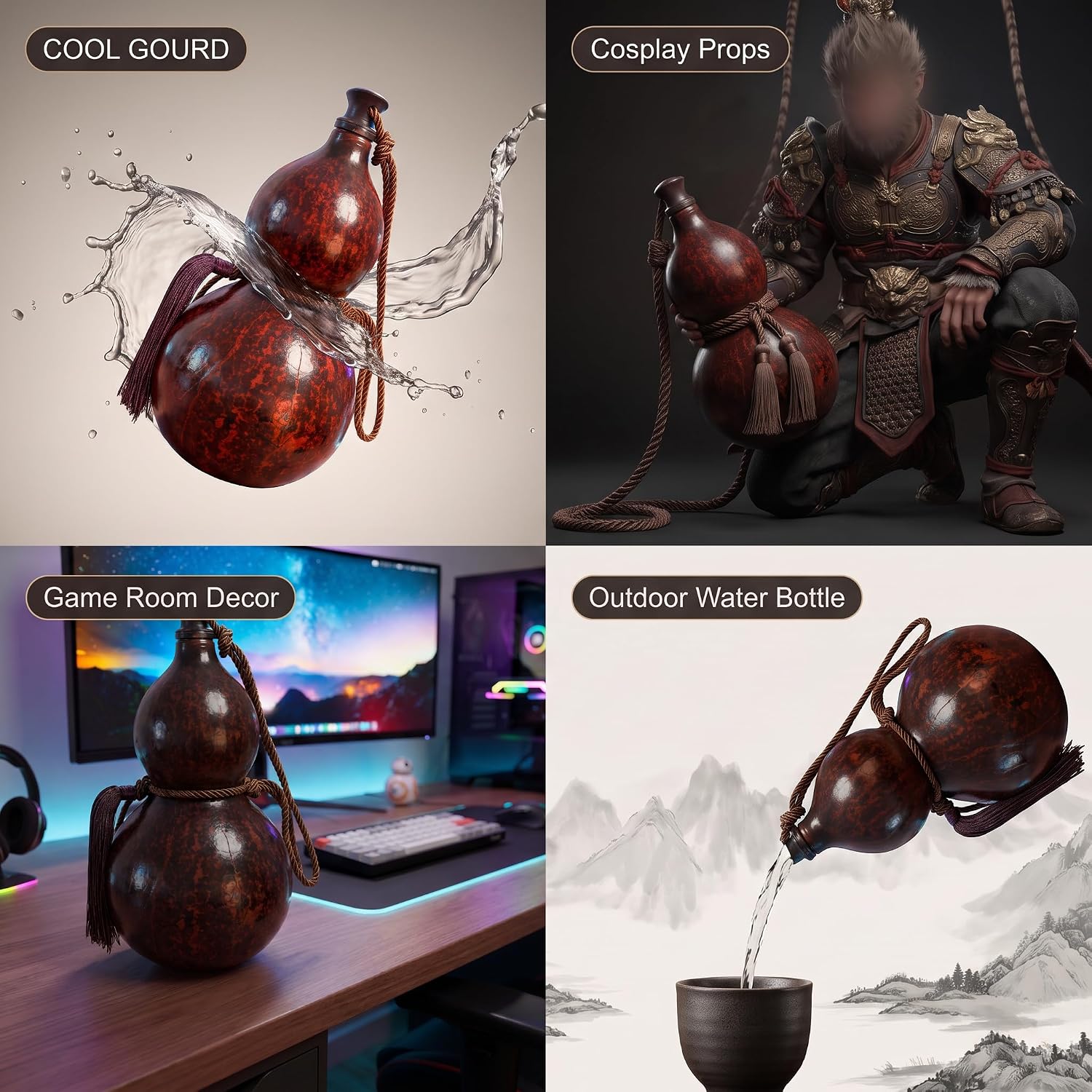 Gourd Water Bottle, Wukong Game Decor 23oz/750ML Big Water Bottle, Game Wukong Cosplay Props, with Tassel Rope for Hip, Nature Gourd for Decorating image 4