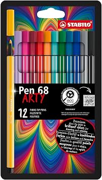 STABILO Premium Fiber-Tip Pen Pen 68 - ARTY - Pack of 12 - Assorted Colors