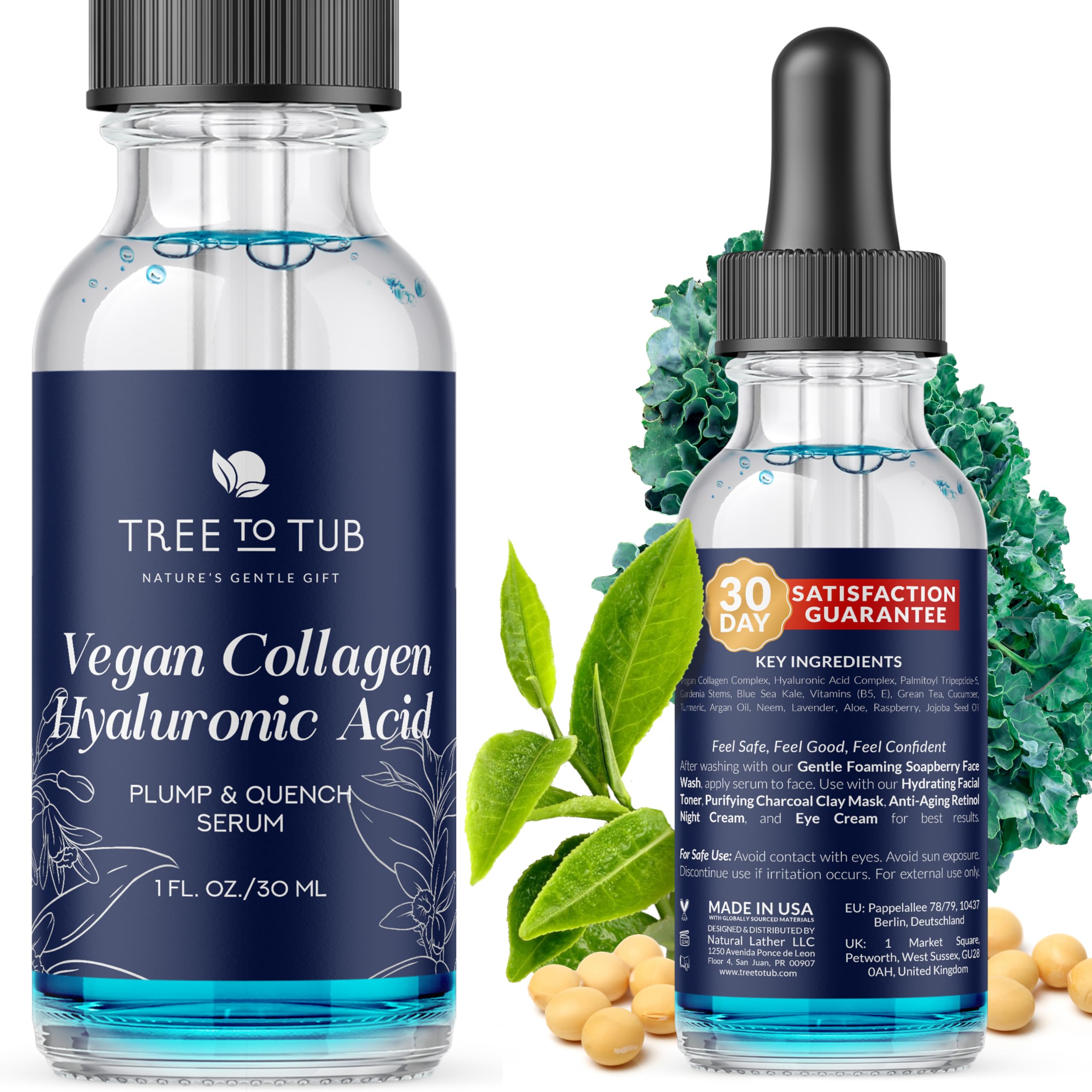 Tree To Tub Vegan Collagen Serum For Face - Botanically Enhanced Anti Aging & Plumping Serum For Women & Men With Sustainable Vegan Collagen For Face, Hyaluronic Acid, Blue Sea Kale & Green Tea