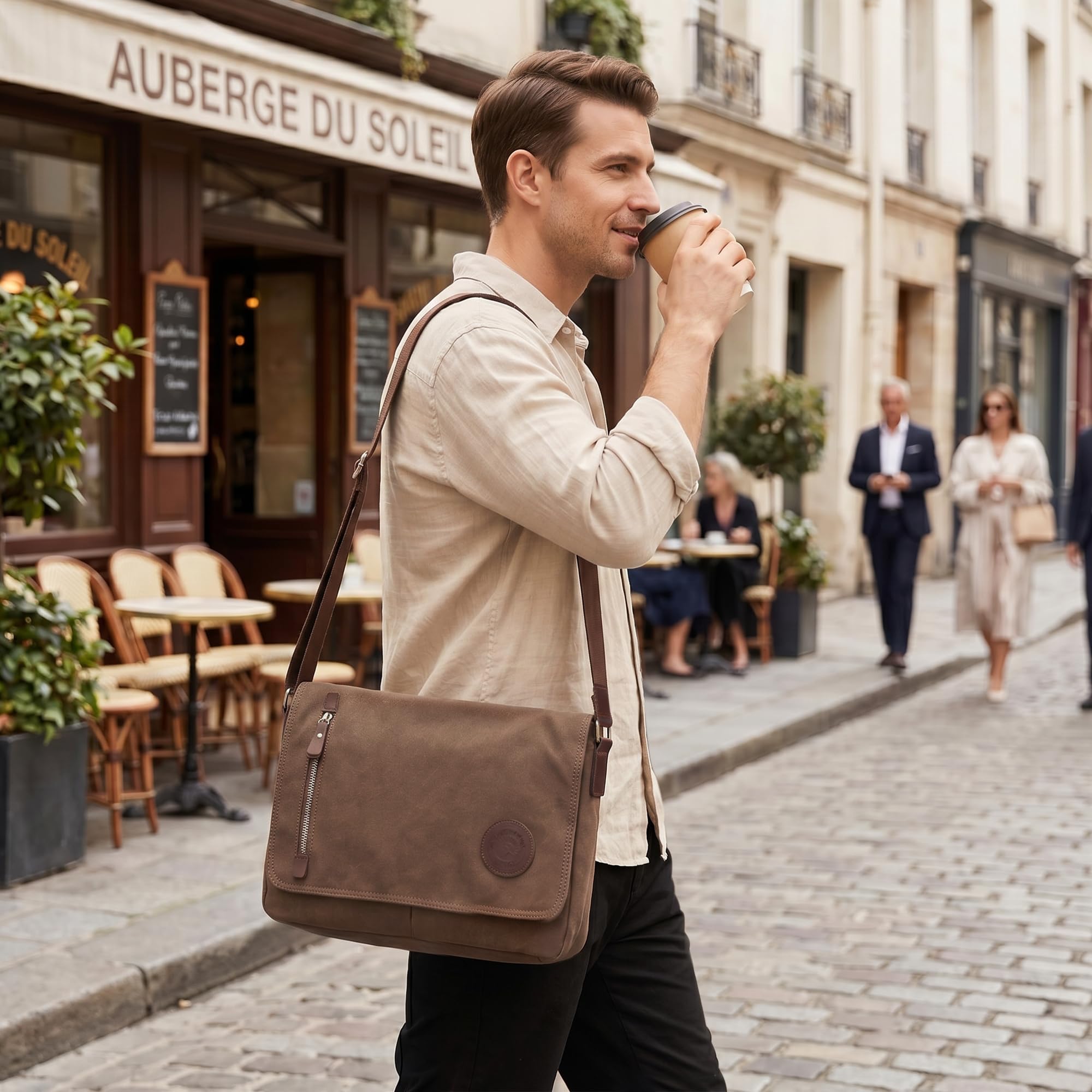 Vintage Hombre Bolsos Hombro Moda Gran Capacidad Bolsa Mensajero para 15 Pulgadas Portátil para Viajer Casual Trabajo Escuela A Diario Al Aire Libre Lona Hombre Bolso de Bandolera Marrón