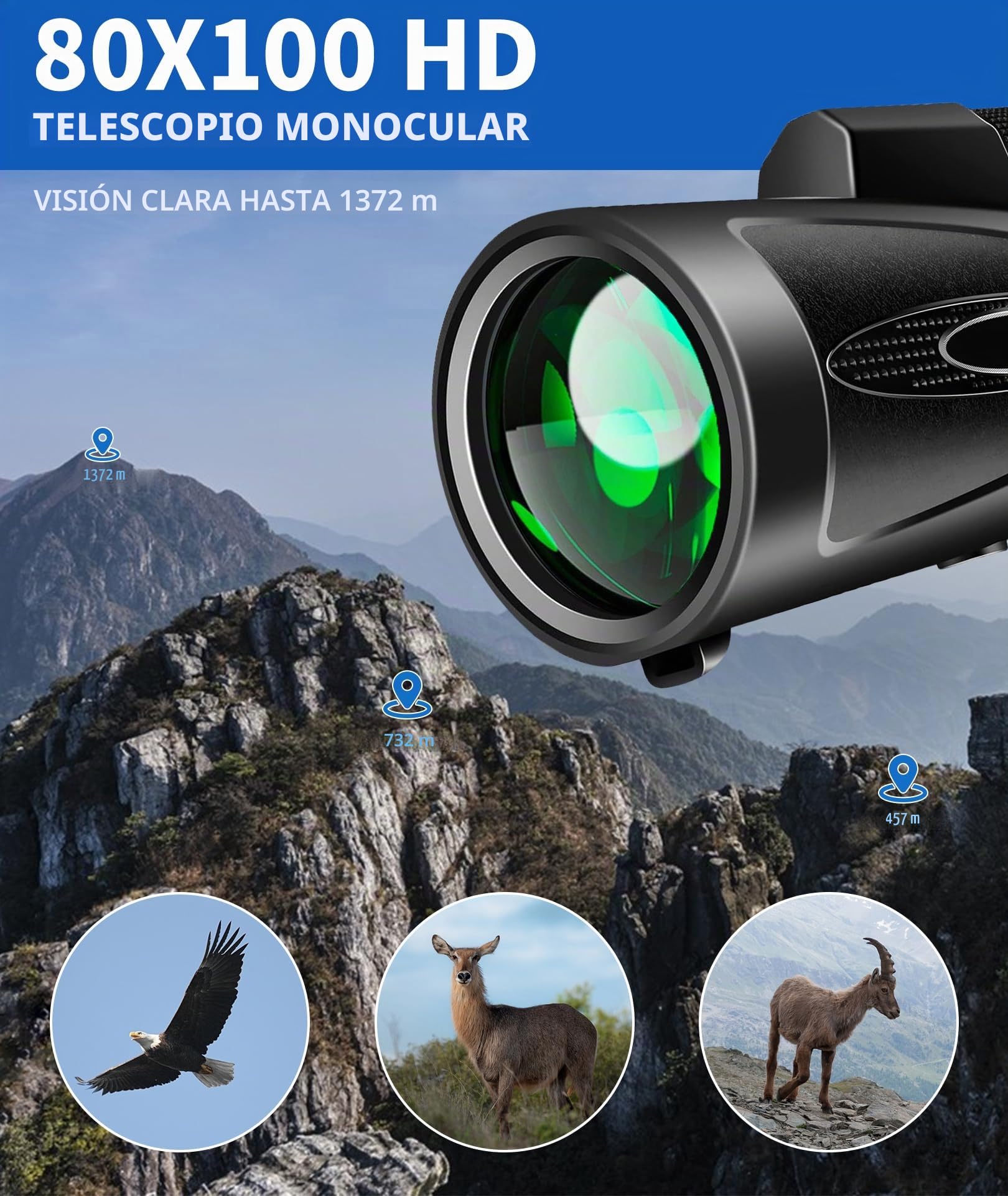 Telescopio monocular de alta potencia 80 x 100 con adaptador de smartphone, trípode y prisma BAK4, adecuado para observación de aves