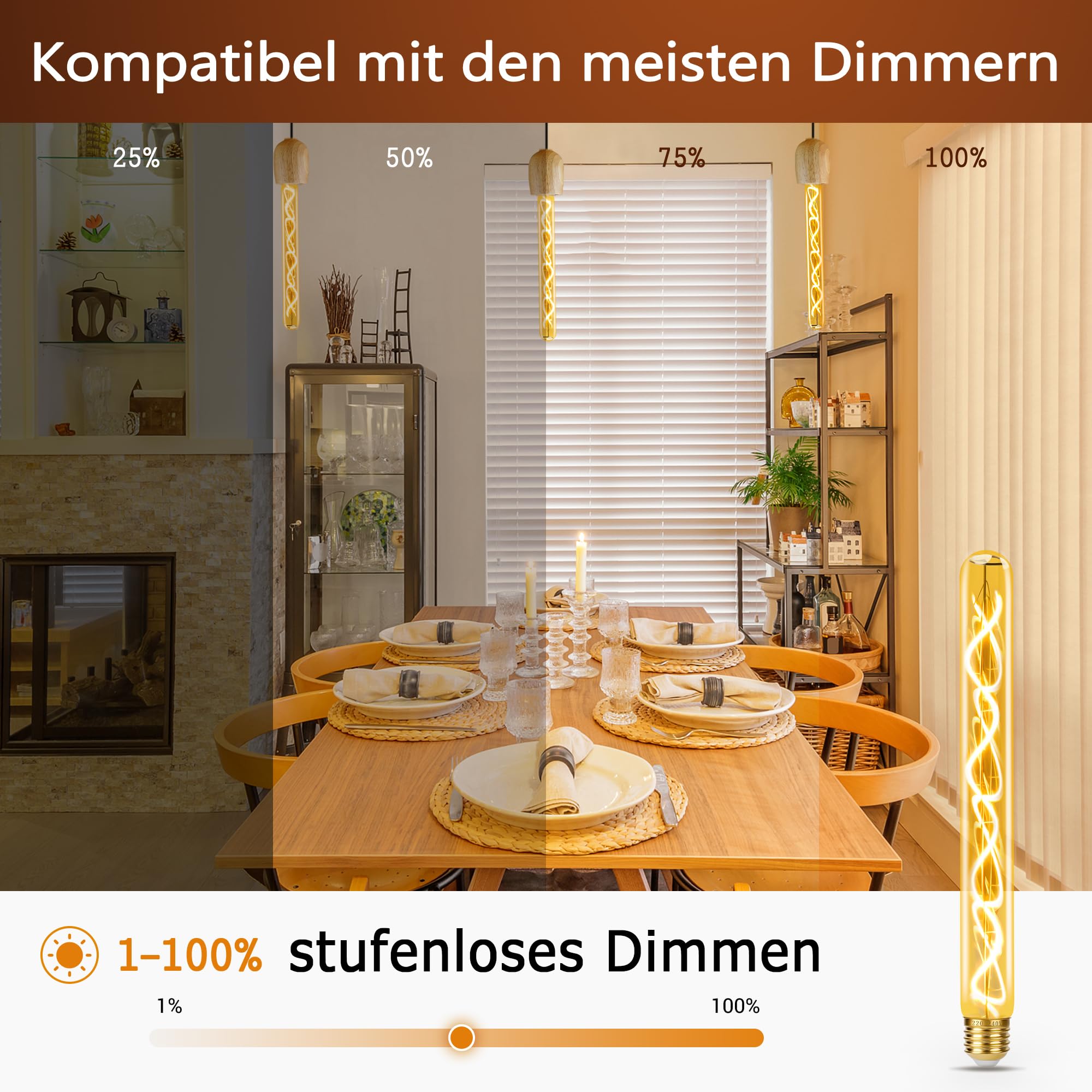 Vintage Glühbirne E27 Dimmbar, E27 LED Vintage 4W T30 300LM 2700K Retro Glühbirne in Stabform 30CM Länge LED Röhre für Industriell und Retro Beleuchtung im Familie Hotel Bar - 4 Stück