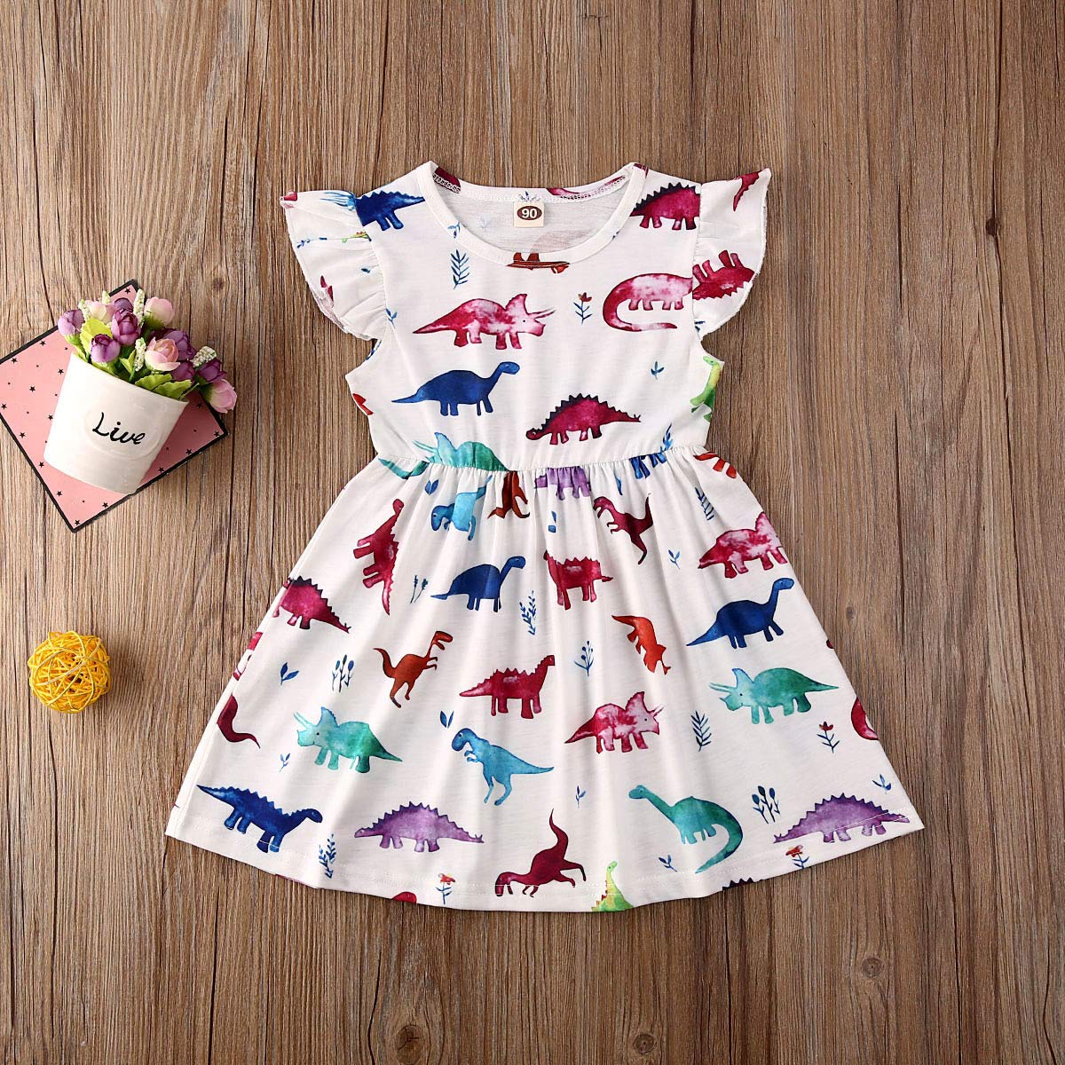 Toddler Baby Girl Rainbow Dress Stripe Ruffle Sleeve A-Line Mini Dress Sundress Casual Dress Summer Clothes (Colorful Dinosaur, 1-2Y)