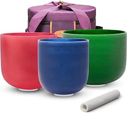 TOPFUND 6-8 inch 432Hz Chakra Set of 3 Color Crystal Singing Bowls with Heavy Duty Carrying Case and Singing Bowl Mallets(6"A,7"C,8''F)