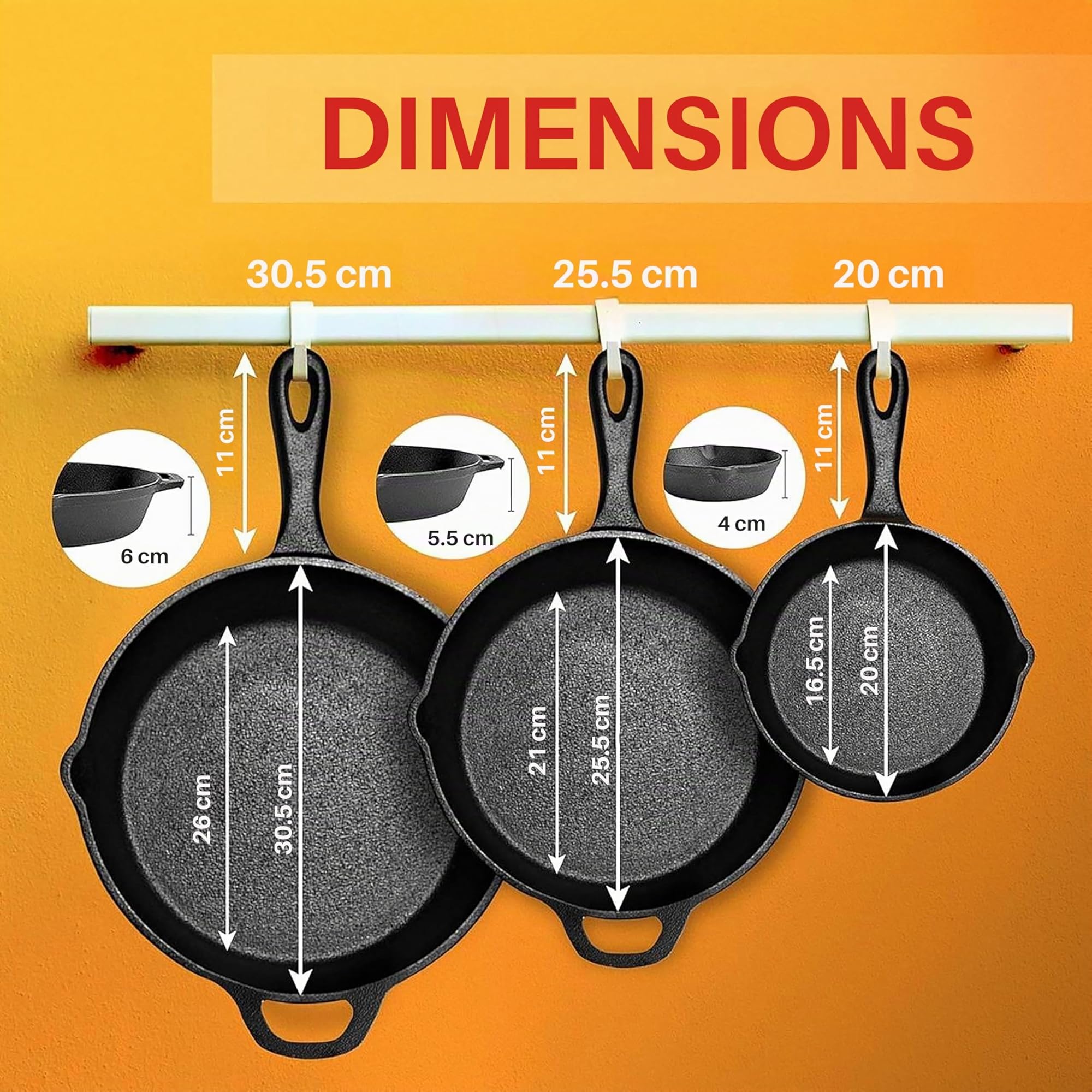 NutriChef Poêles en Fonte Induction 3 Pièces – Set de Poêles à Frire Pré-Assaisonnées avec Culottage, Tous Feux, Becs Verseurs, Poignées Silicone, Four 260 °C, 20, 25 et 30 cm, Noir