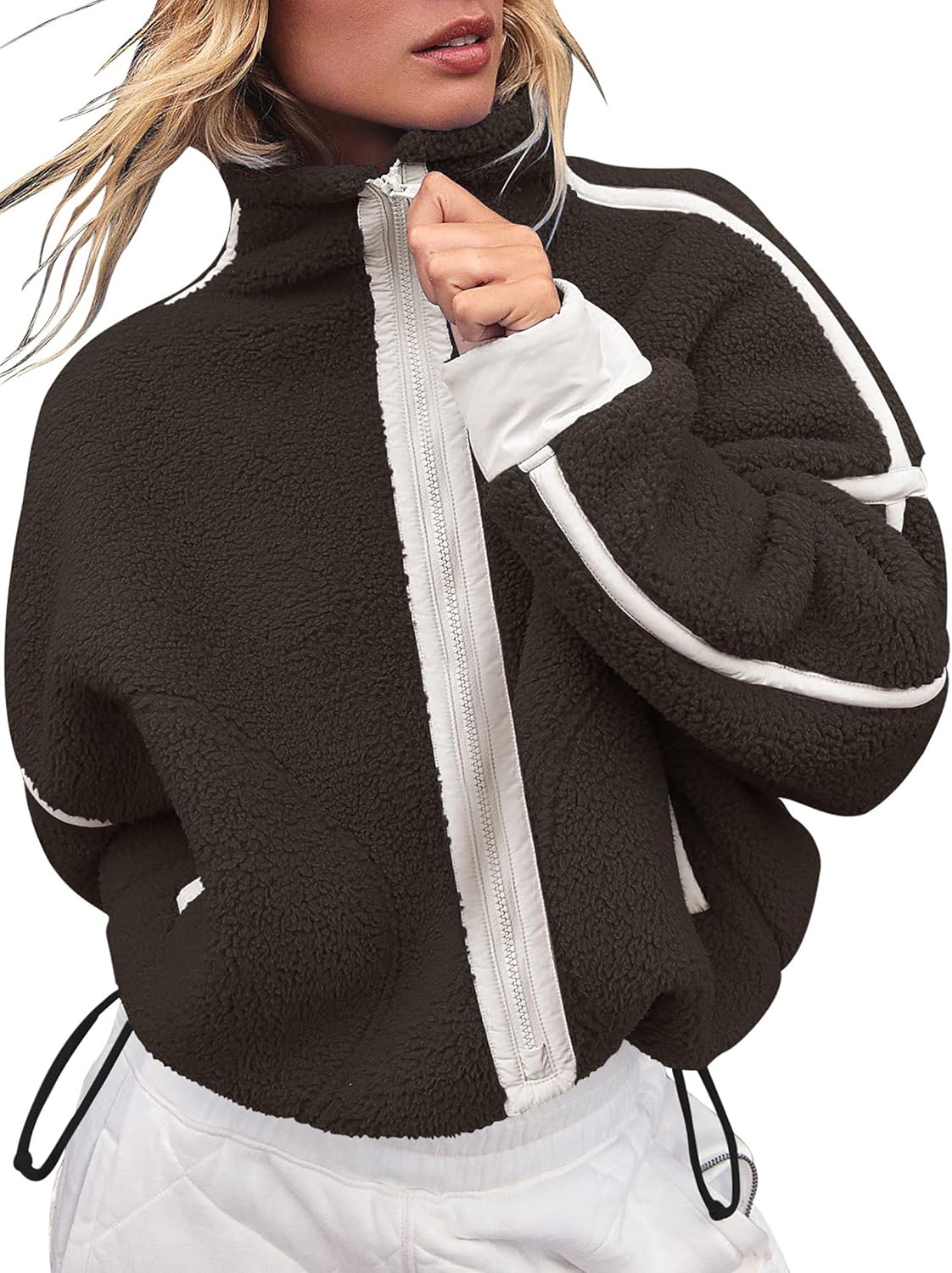 Womens Fleece Zip Up Jacket Sherpa Fuzzy Teddy Jackets Color Block Casual Oversized Coats Winter Outerwear