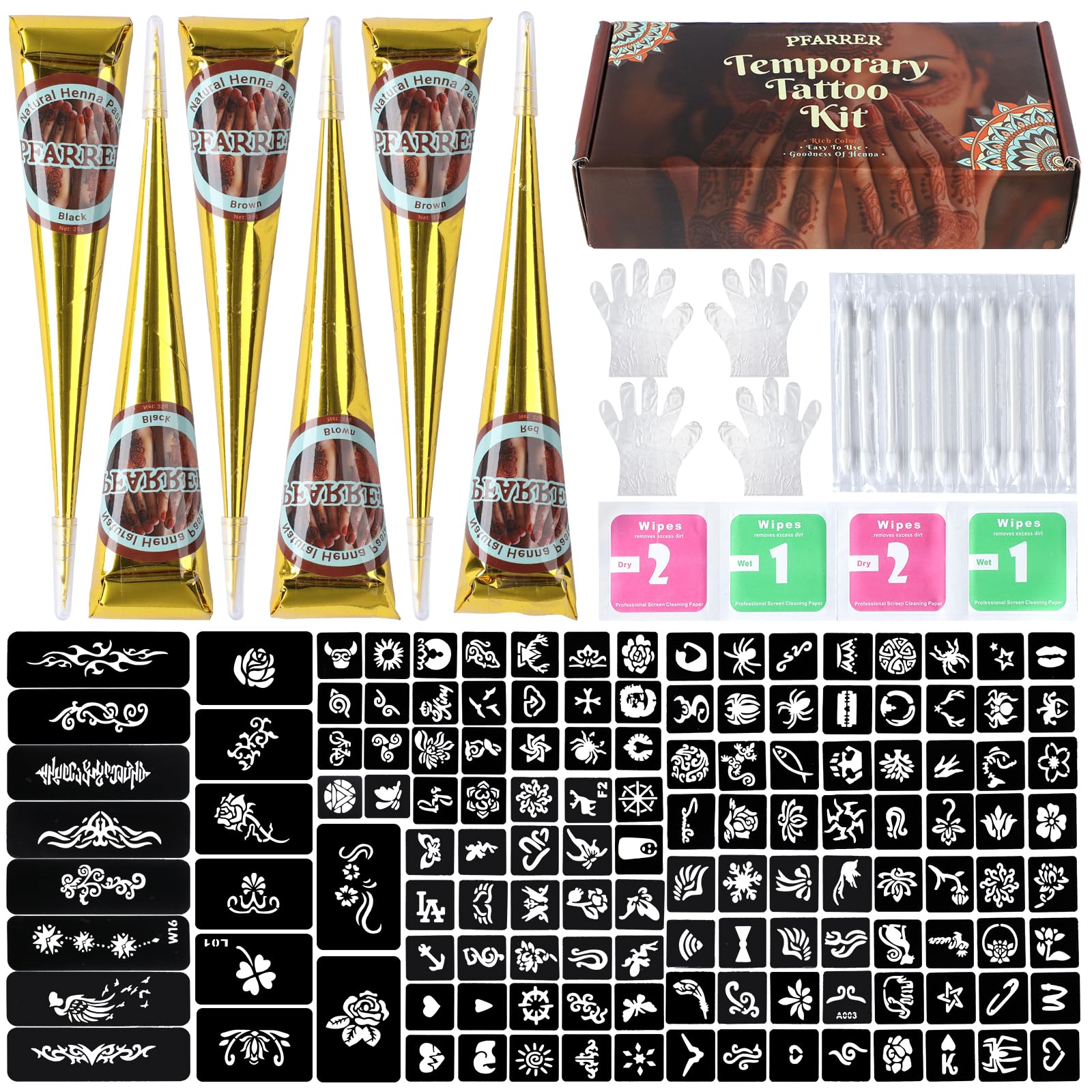 PFARRER 147 Pcs Henna Tattoo Kit, 6 Cones with 133 Stencils