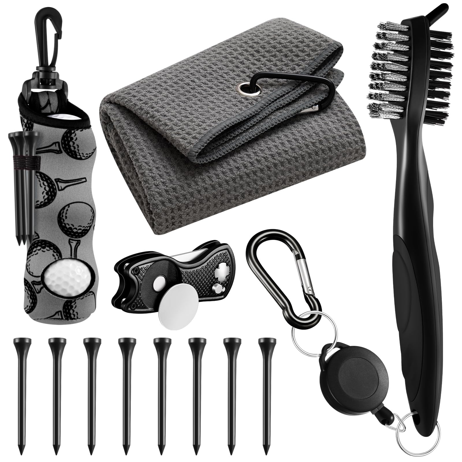 Liliful 12-teiliges Golfzubehör-Set, enthält Golf-Tees, Golf-Handtuch, Golfballtasche mit Reinigungshaken, Reinigungsbürste und Divot-Werkzeug inkl