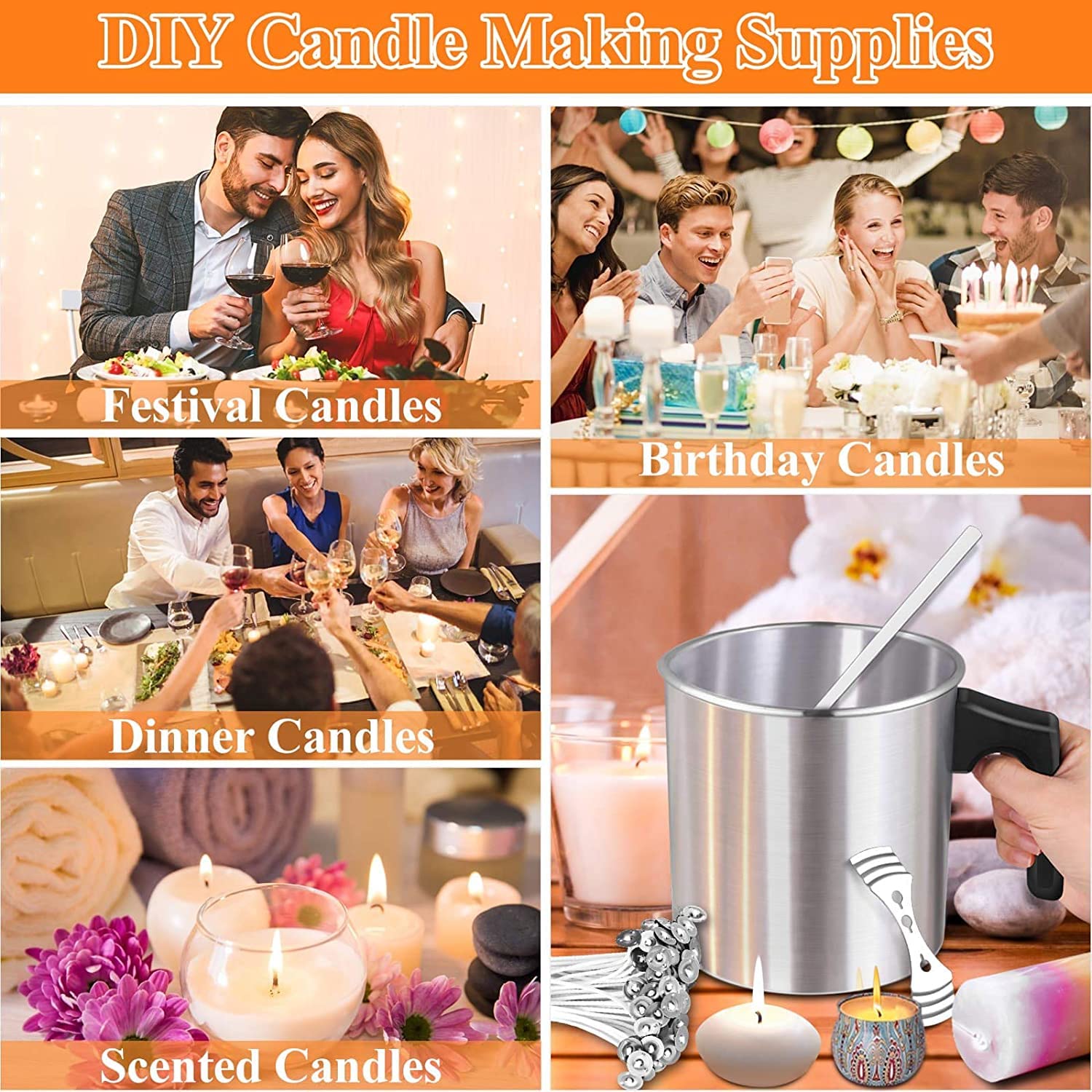LCPKUTTR Candle Making Pouring Pot, Candle Craft Tools with Candle Pouring Pot Wax Wicks Wick Stickers Candle Wicks Holders and Mixing Spoon DIY Wax Making Kit for Beginner THD-1210