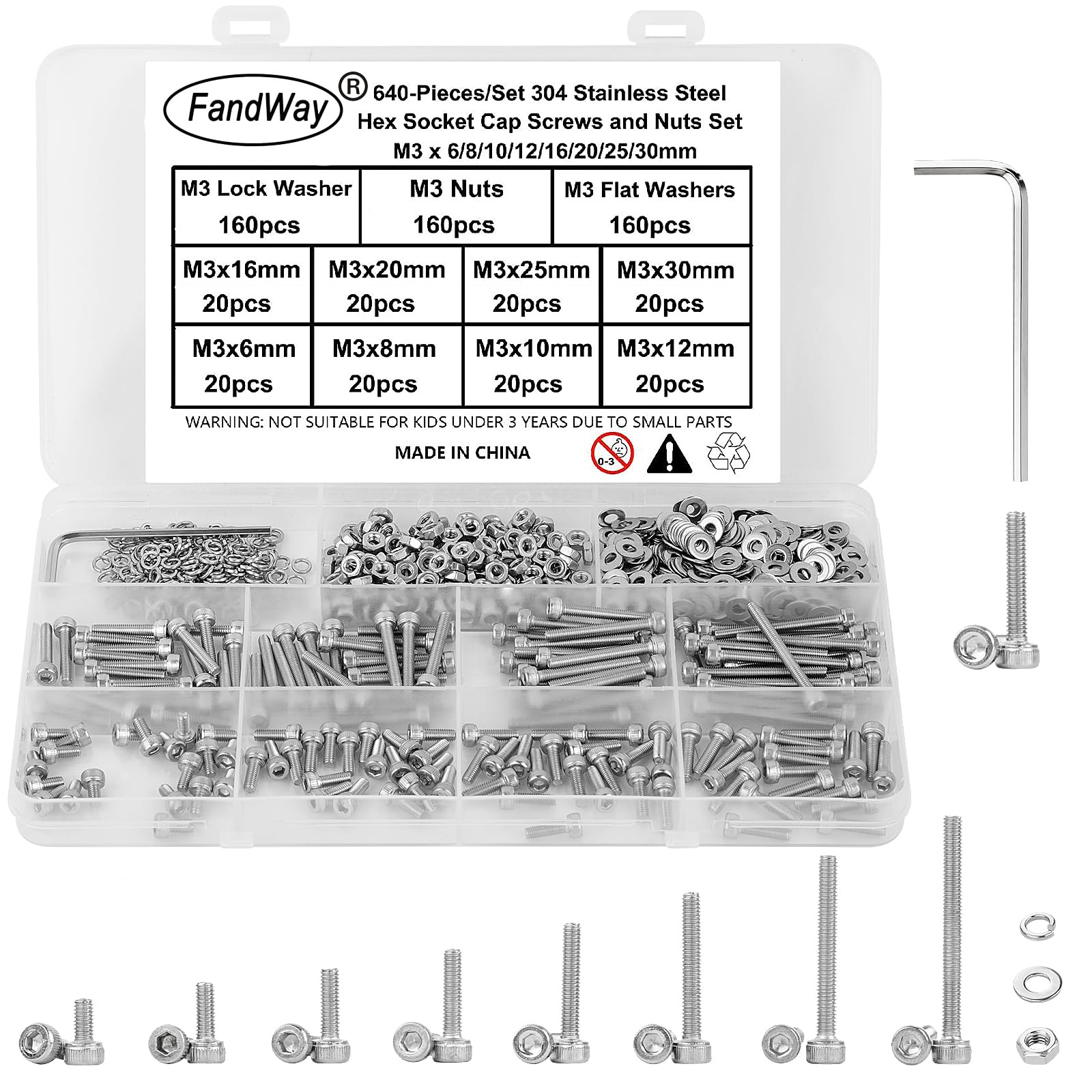 FandWay 640Pcs M3 Bolts and Nuts Set,Hex Socket Cap Machine Screws, Allen Screws 304 Stainless Steel,Allen Bolt Nut and Flat & Lock Washers Assortment Kit,Internal Hex Drive Fully Threaded With Key.