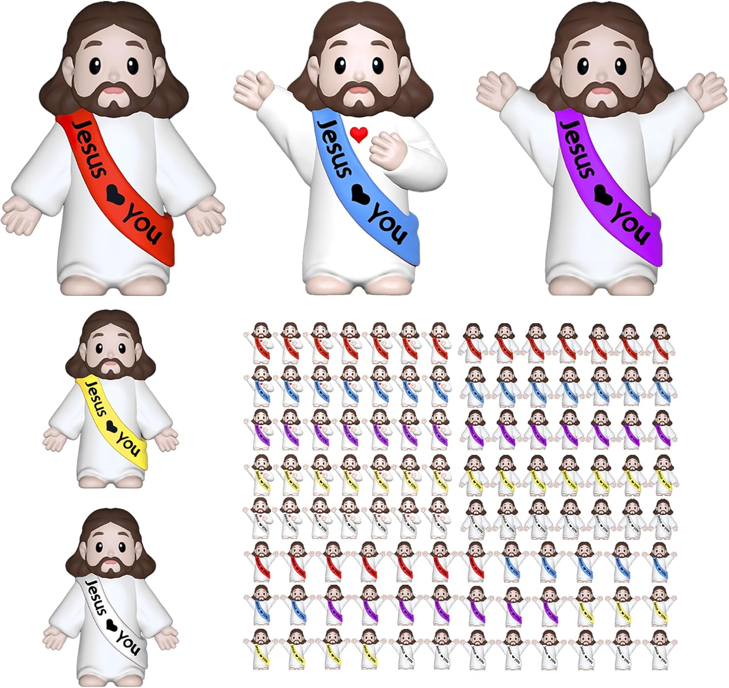 105 pcs little jesus figures,mini jesus figurines - tiny statues for easter egg stuffers,religious gifts,parties,baptism gifts,multicolor miniature decorations,hide and seek figurines?multicolor? multicolor?105pcs? 1.4inch?105pcs?