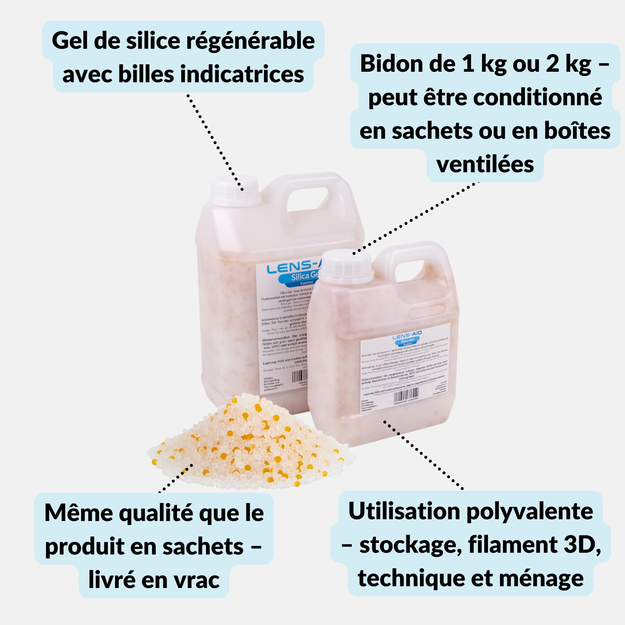 Lens-Aid gel de silice 1 kg récipient perles dessiccantes | Indicateur orange-vert, perles grossières, dosage flexible, régénérable au four, filament 3D