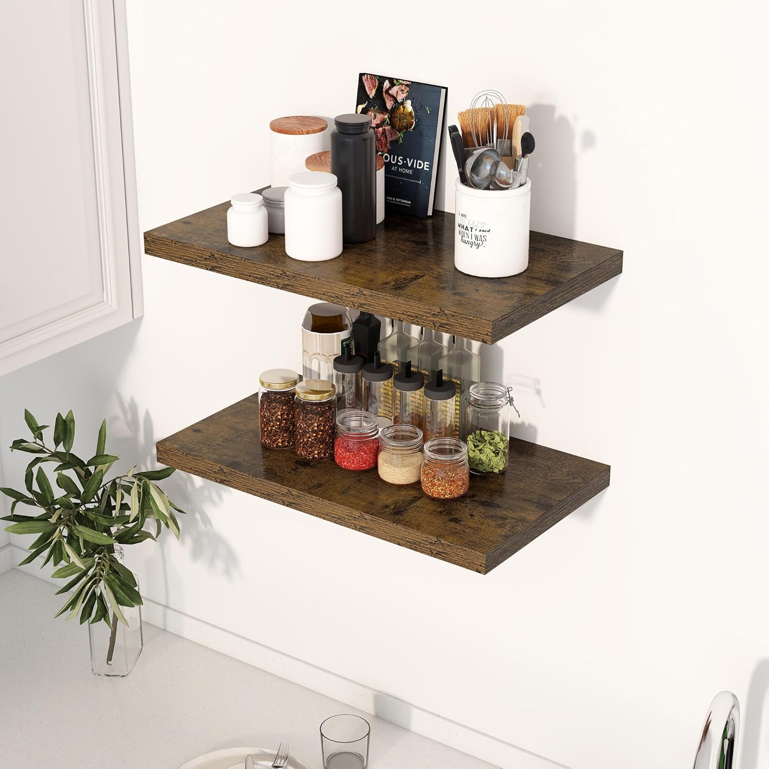 Dreamland 24" Floating Shelves for Wall, 12" Deep Slim Rustic Brown Floating Shelves, Wall-Mounted Shelves for Bedroom, Living Room, Kitchen, Bathroom - Set of 2 Rustic Brown 24"W x 12"D x 1.3"H, Set of 2