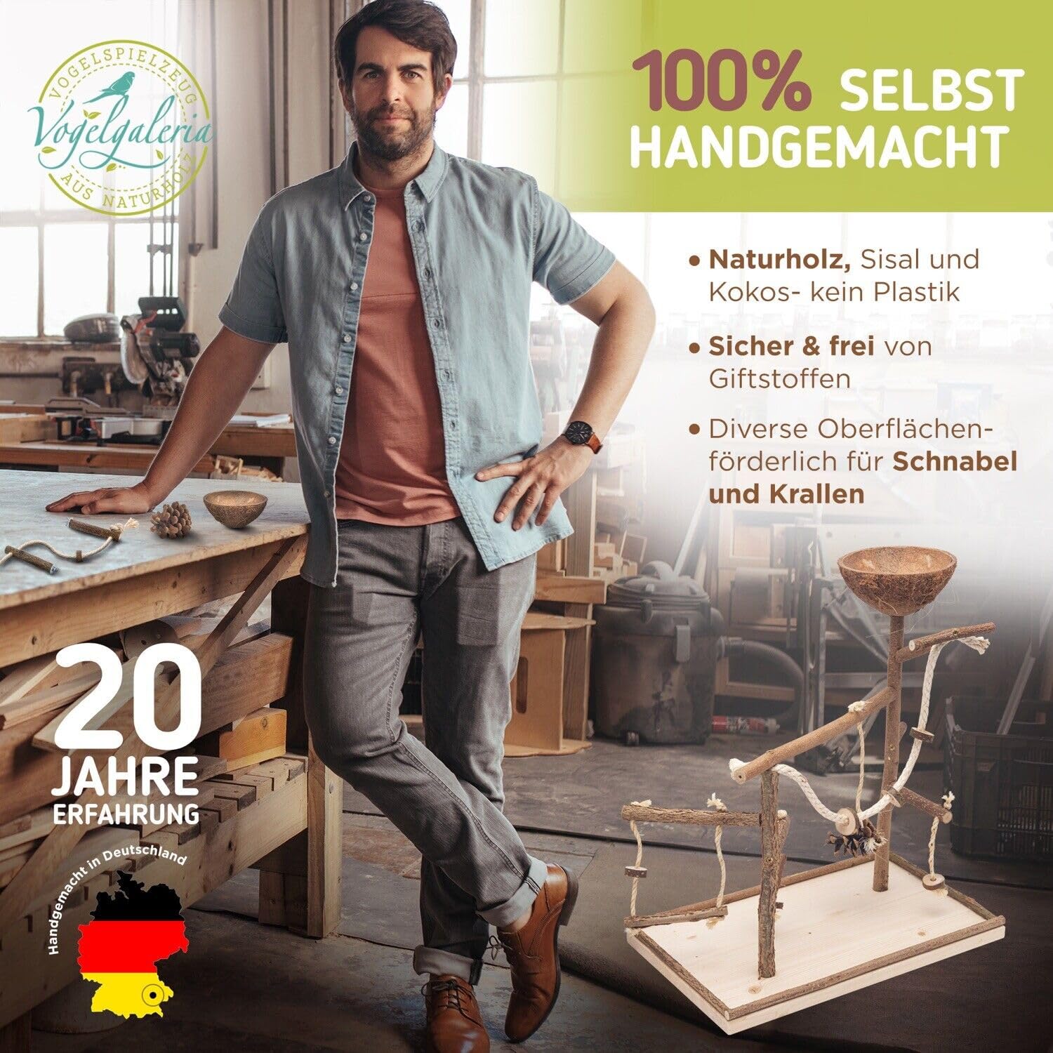 Vogelgaleria® Luxus Vogelspielplatz aus Natur Holz mit Abnehmbarer Futterschale | Ideales Spielzeug bei Freiflug für Wellensittich Nymphensittich | Vogelspielzeug