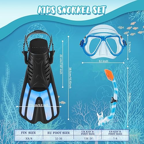 Miniatura 6 de Equipo de esnórquel para niños de 3 a 14 años, juego de aletas de máscara 4 en 1 con vista panorámica, máscara antivaho con parte superior seca,