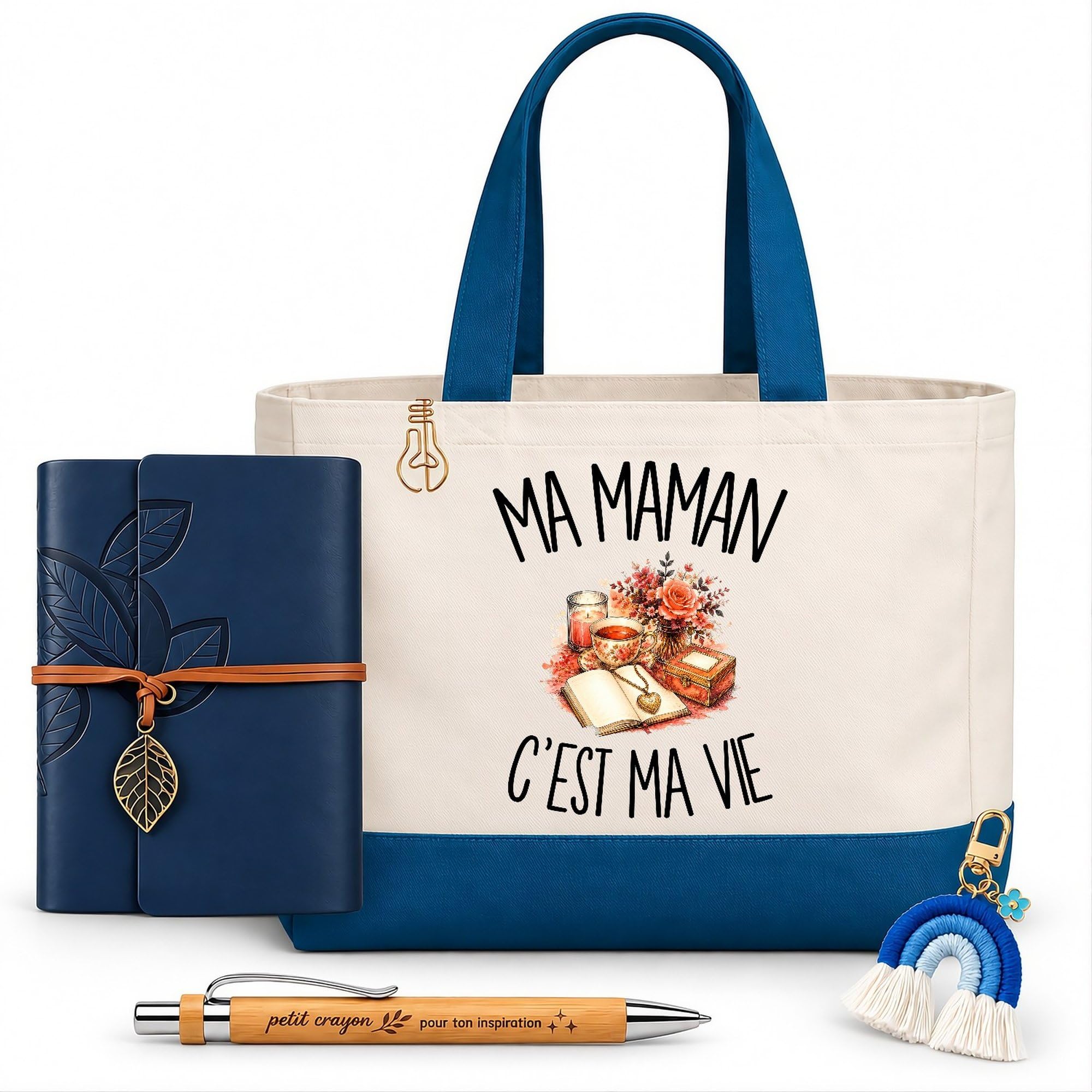 Planetee Coffret Cadeau Lecture Maman | Sac Cabas Coton 27 L, Carnet Similicuir, Stylo Bambou, Porte-Clés, Trombone | 5 Pièces | Anniversaire Noël