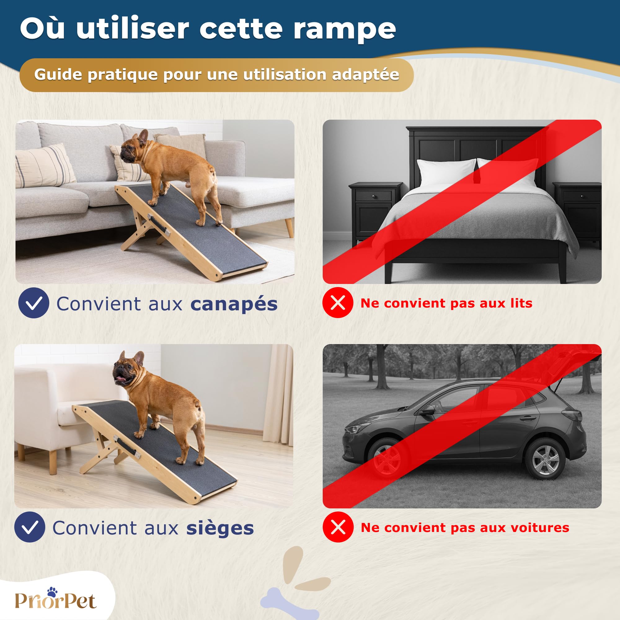 Rampe pour Chien de Petite ou Grande Taille - Surface antidérapante - Rampe Pliable et Réglable de 18 à 53 cm - pour lit et Canapé - La Plateforme se connecte Parfaitement - Bois de Bouleau - Naturel