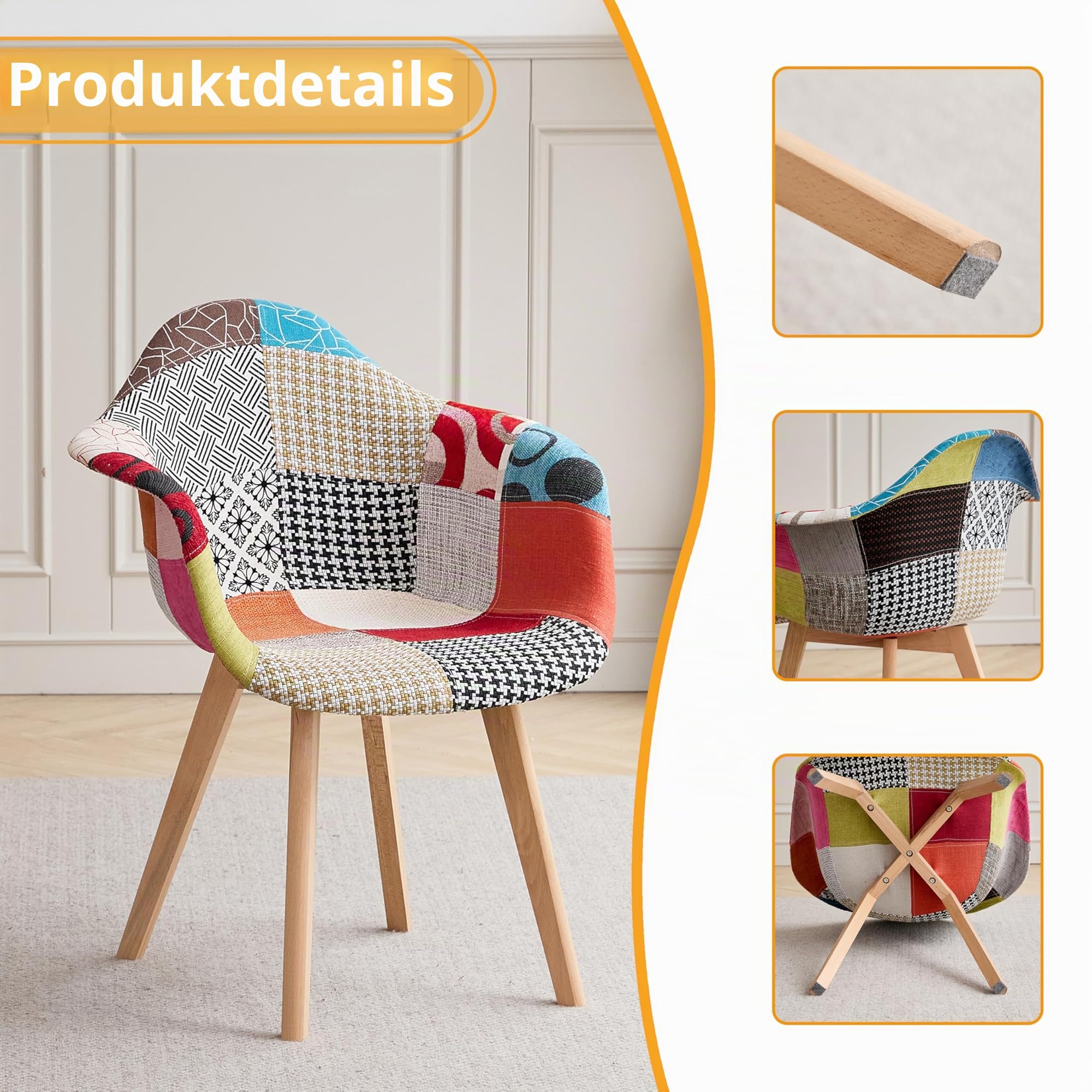 GrandCA HOME 2er-Set Esszimmerstühle mit Armlehne, Vintage-Küchenstühle, Sessel, Massivholzbeine und Patchwork-Stoffsitz, für Schlafzimmer, Wohnzimmer, Esszimmer und Küche, Rot