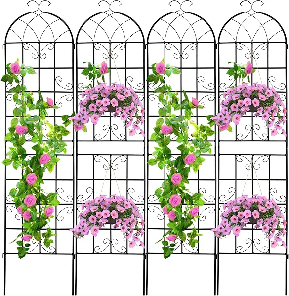 ZBPRESS 4 Pack 86.2x19.7in Metal Garden Trellis for Climbing Plants,Black Metal Garden Trellis for Vines Plant Rose Vegetable Support,Large Decorative Outdoor Trellis