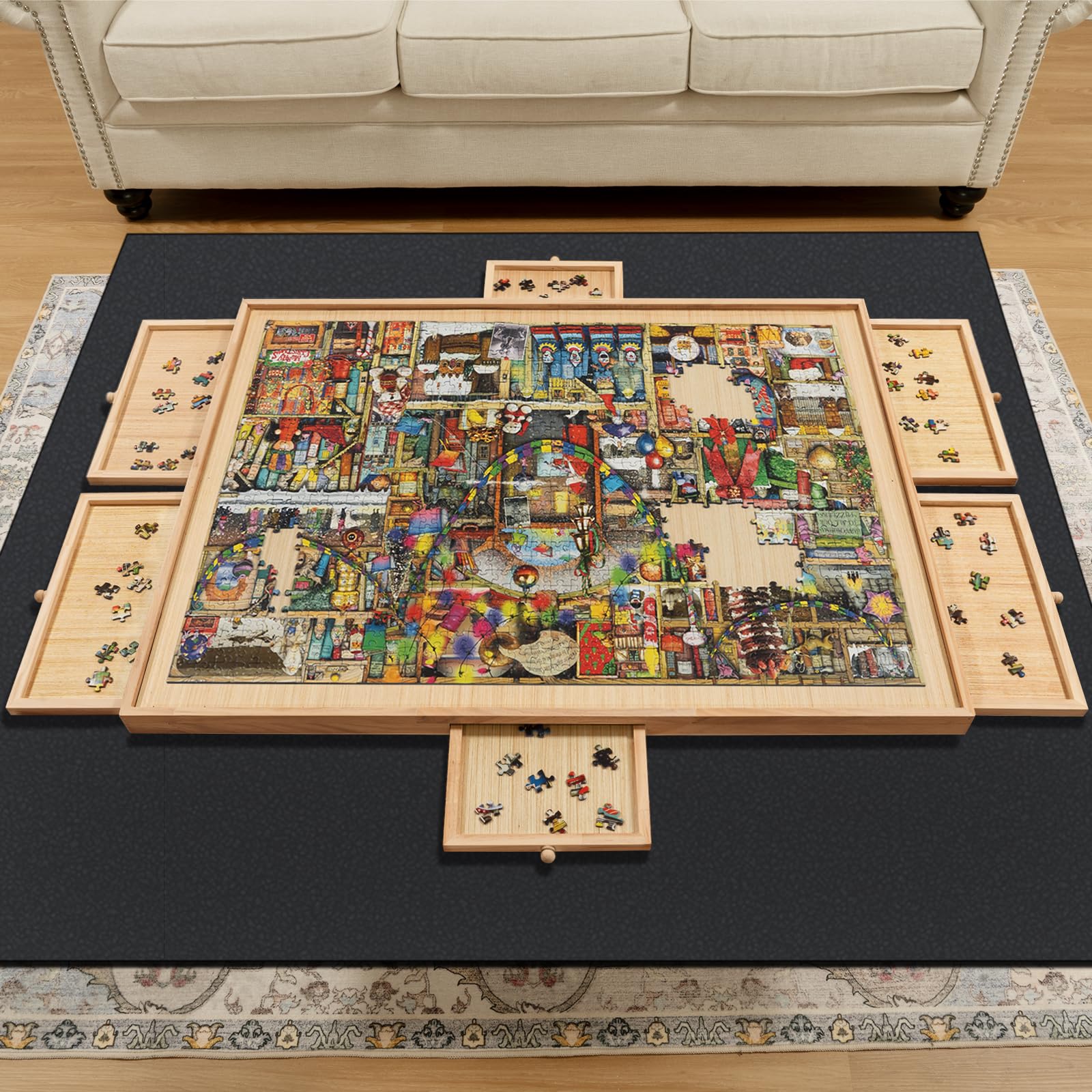 TEAKMAMA 1000 Piece Wood Rotating Puzzle Board with 6 Drawers for Adult, 29.5"x 22.4" Lazy Susan Spinning Jigsaw Puzzle Table with Cover, Puzzle Boards Birthday Gift for Mom