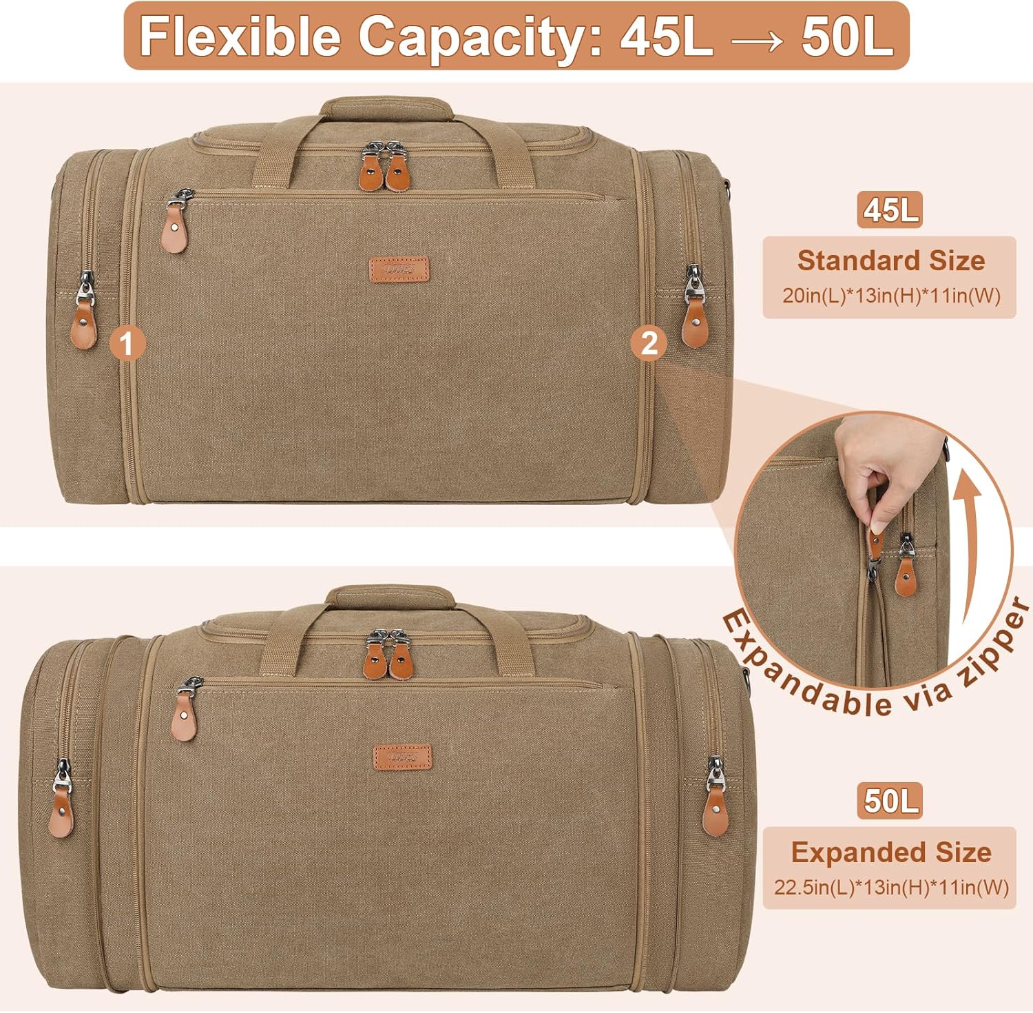 Canvas Mens Duffle Bag for Travel - Expandable 50L Weekender Bags with Toiletry Bag, Overnight Bag Travel Duffel Carry On Luggage with Removable Shoulder Strap, Durable & Water-Resistant - Image 2