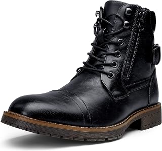 Vostey Men's Motorcycle Combat Boots - Waterproof Casual Ankle Dress Boots with Zipper & Arch Support