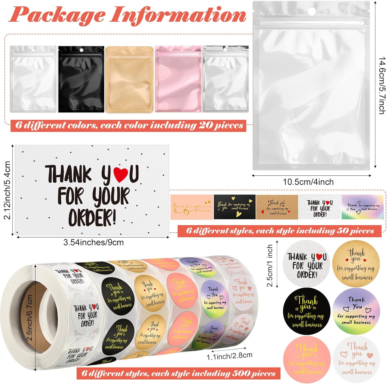 3420 Pcs Thank You Small Business Packaging Set 6 Rolls 3000 Pieces Thank You for Supporting My Small Business Stickers Labels Resealable Packaging Bag for Envelopes, Bubble Mailers and Gift Bags