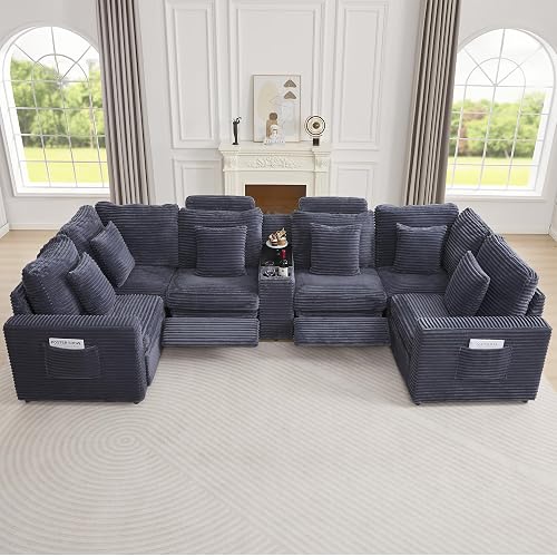 RARZOE Oversized Modular Sectional Sofa with 2 Power Recliner, 6-Seater U-Shaped Corduroy Reclining Couch with Storage Console Charging Cup Holders, Fluffy Comfy Cloud Sofa Couch for Living Room,Grey
