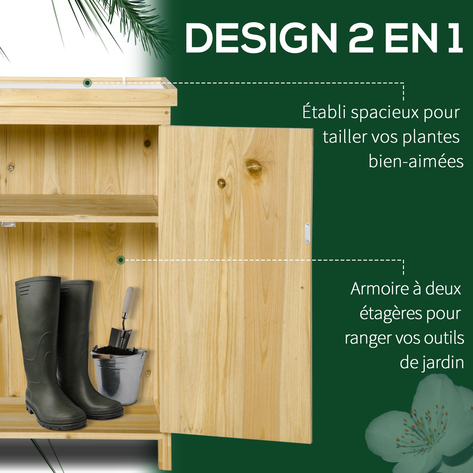 Outsunny Armoire de Jardin, Armoire de Rangement de Jardin, avec Plateau en métal galvanisé étagère Double Porte avec poignée Pieds surélevés en Bois Massif 80 x 45 x 92 cm Bois Naturel