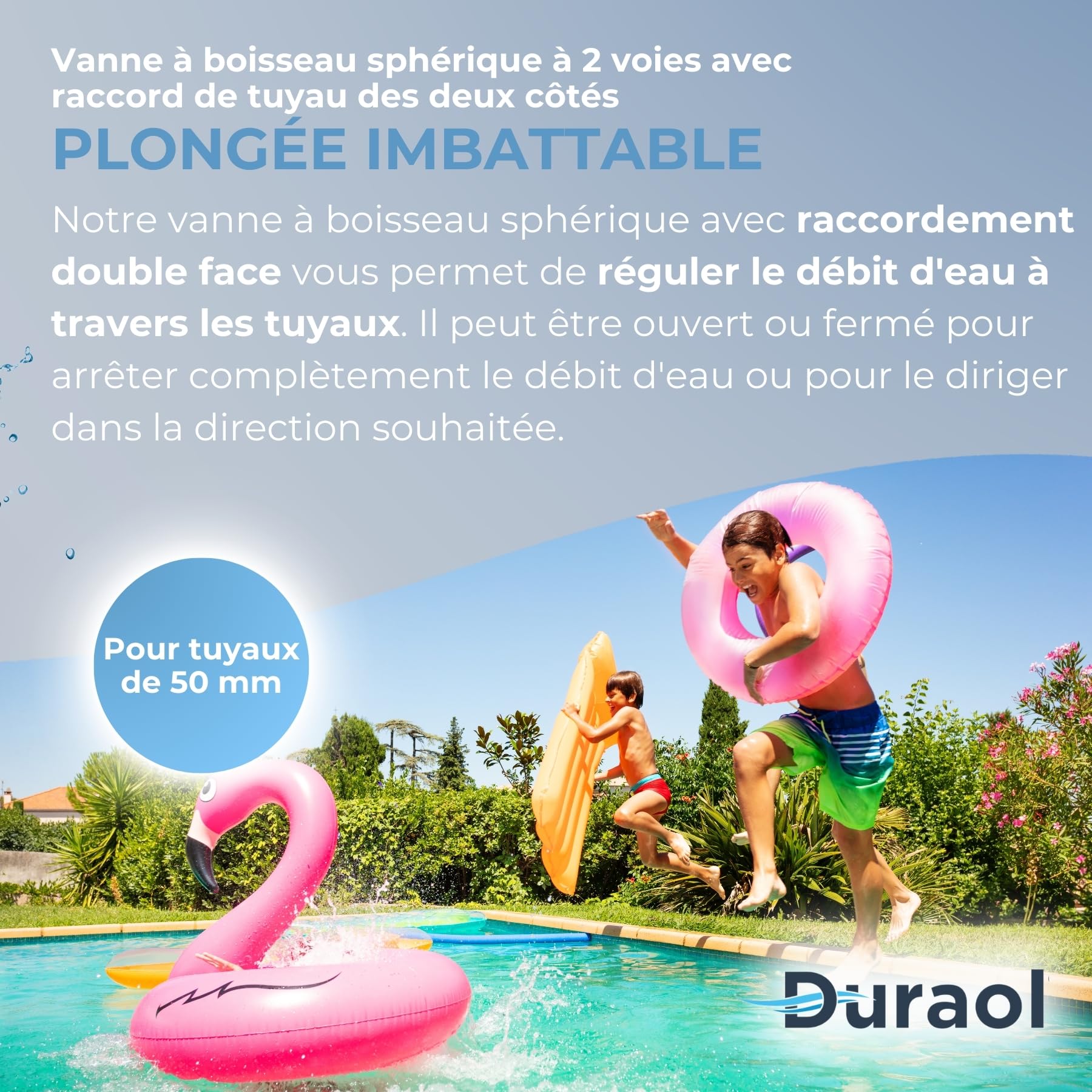 Vanne à bille 2 voies S6 pour piscine avec avec douille à coller métrique 40 mm | Robinet à boisseau sphérique pour tuyaux ou conduites | Robinet d’arrêt en PVC-U à coller