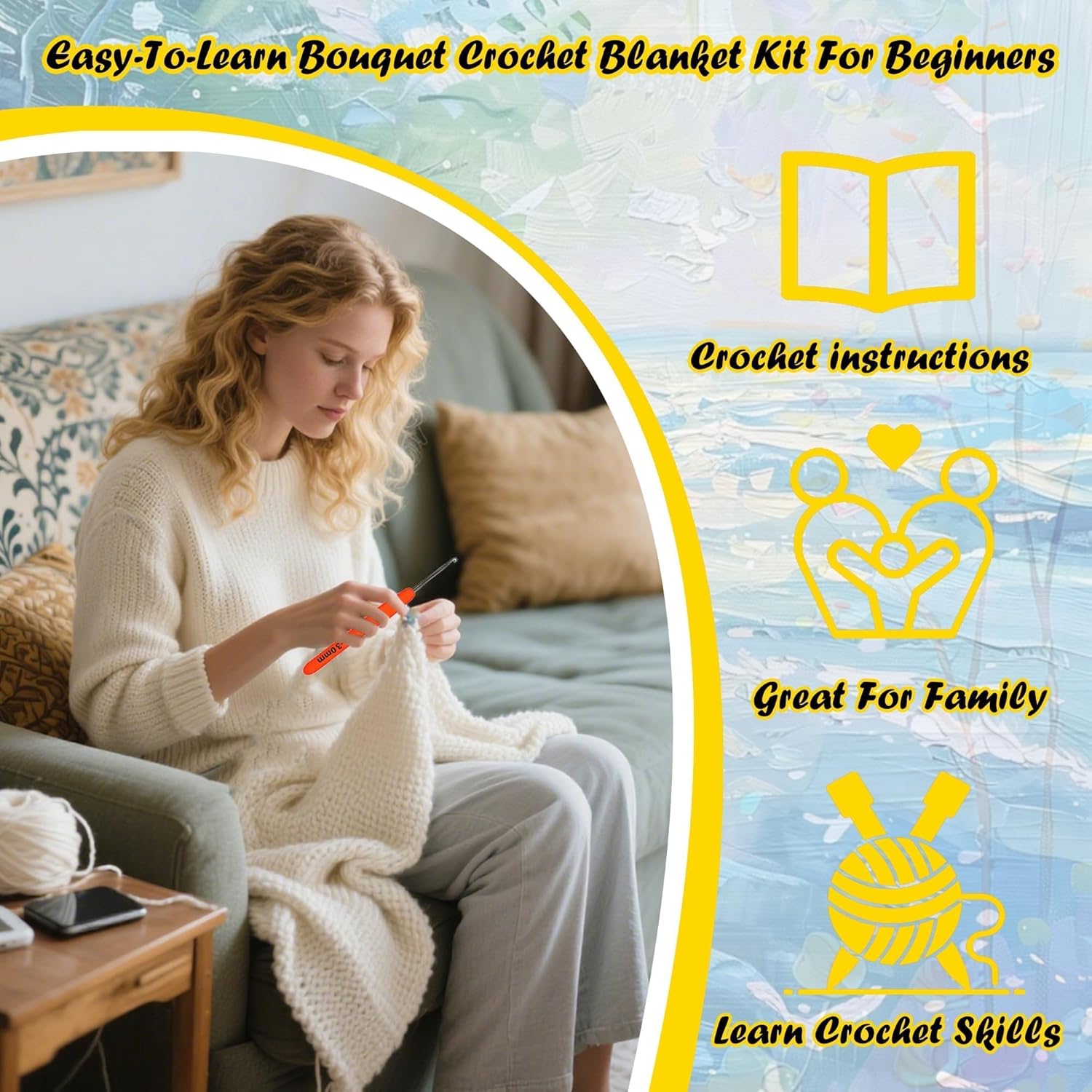 Yarniss Sunflower Blanket Kit for Beginner,Flower Bouquet Blanket Crochet Kit with Step by Step Istruction&Tutorial,Easy Crochet Starter Kit