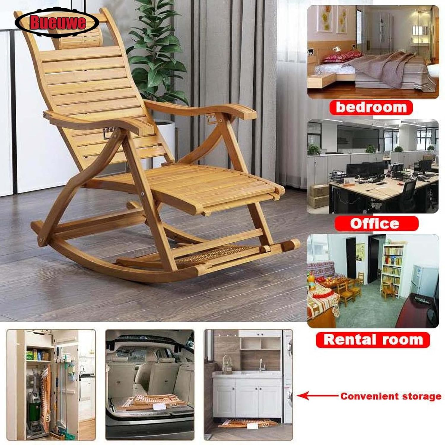Bueuwe solid wood frame rocking chair adult recliner, suitable for outdoor sofa bed in living room and bedroom, foldable rocking chair with thick plush cushion, waterproof, stable and durable (blue)