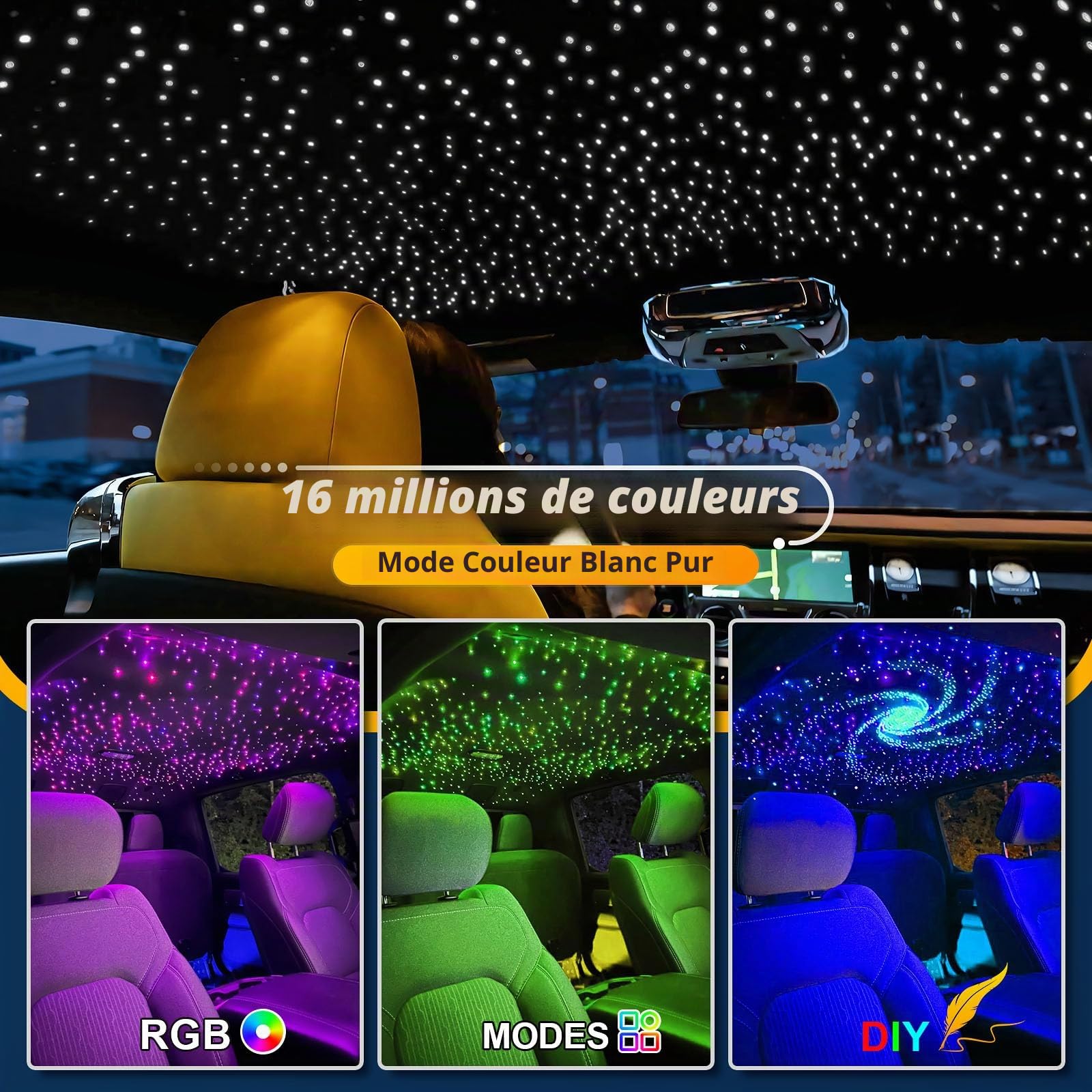 12W Mini RGBW Ciel Etoile Voiture, 300pcs*0.75mm*3m LED Ciel De Toit Etoile Voiture Bluetooth//Télécommande, Fibre Optique Lumineuse +Adaptateur+Prise pour Voiture/Maison/Théâtre