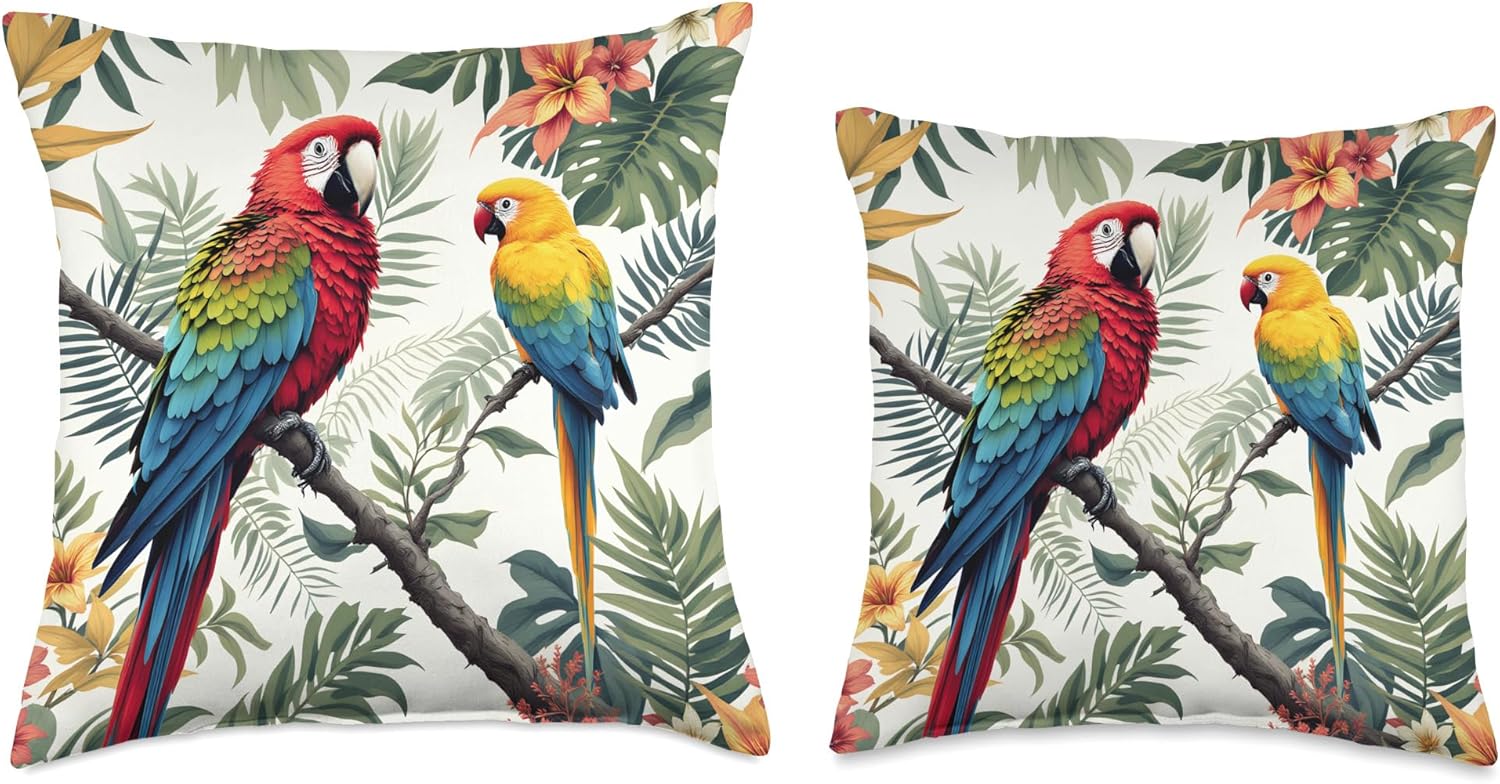 Parrots Tropical Nature Floral Exotic Birds Parrots Throw Pillow